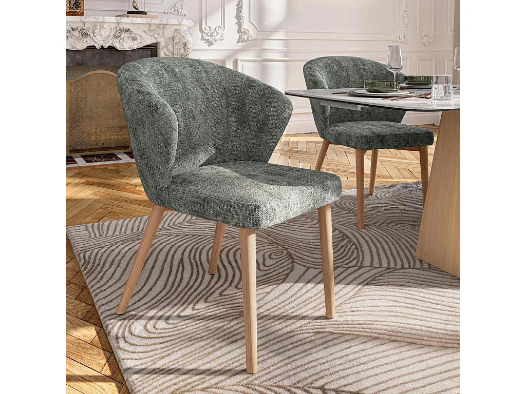 Habitat - Lot de 2 chaises en tissu chenille et bois massif couleur chêne - Vert sapin - Luris