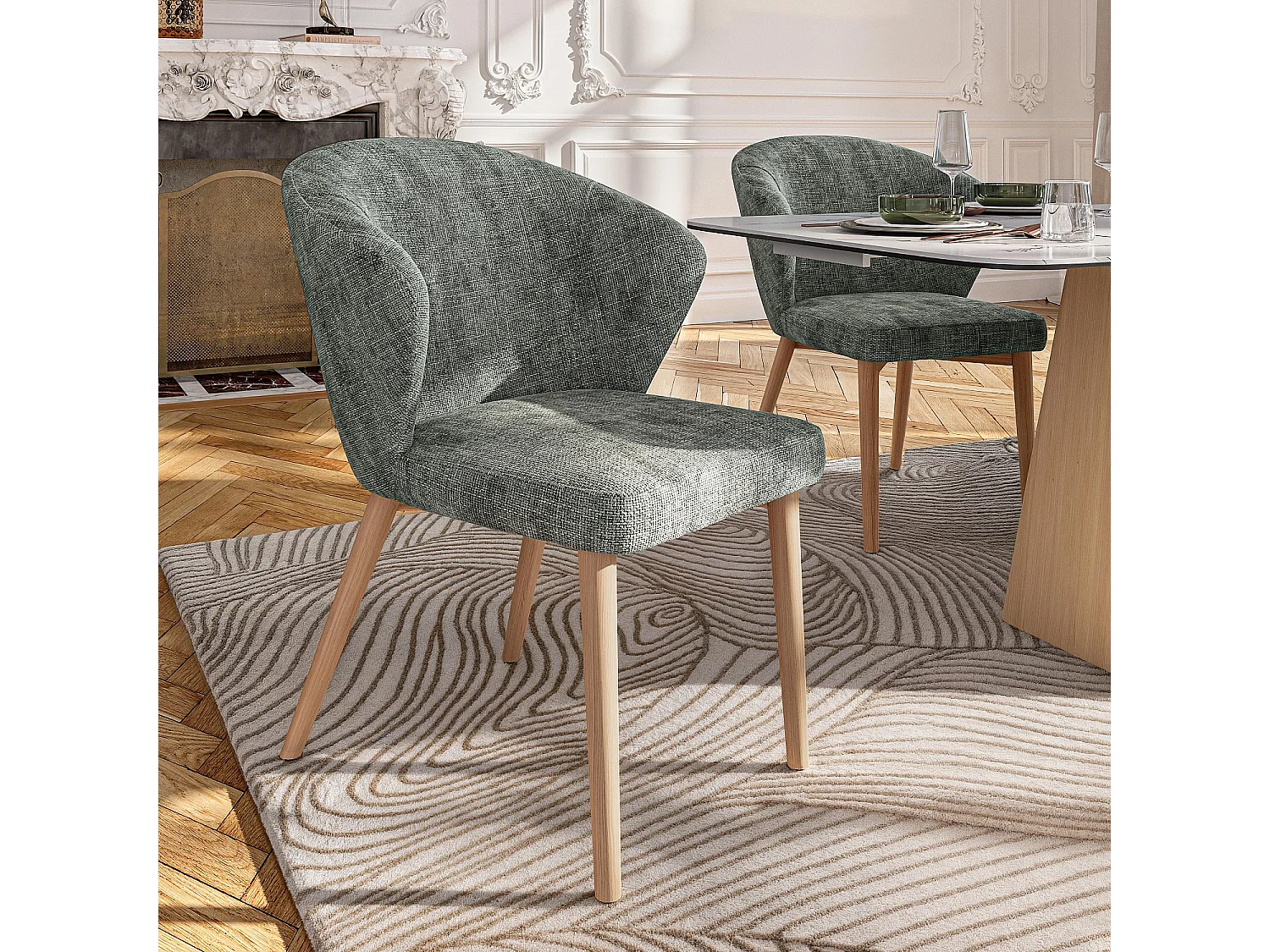 Habitat - Lot de 2 chaises en tissu chenille et bois massif couleur chêne - Vert sapin - Luris