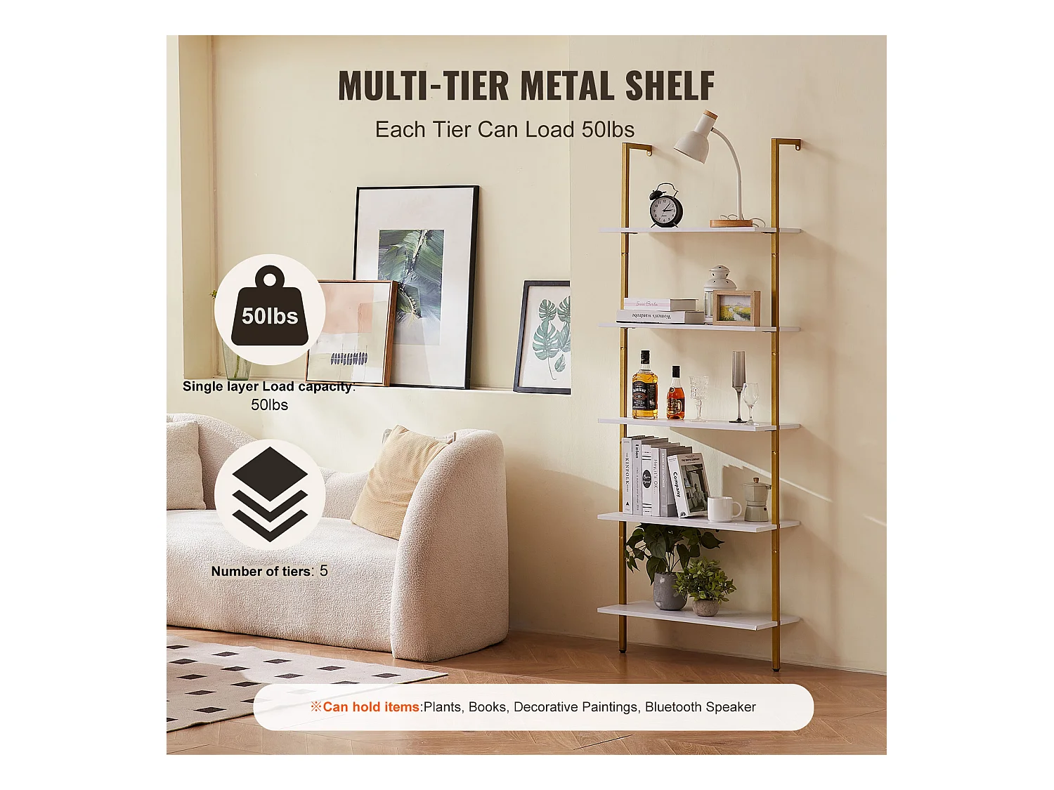 Étagère SucceBuy à 5 Niveaux, 64x30 cm, Montage Mural, Bois Rustique, Rangement, Or Blanc, Espaces de Vie