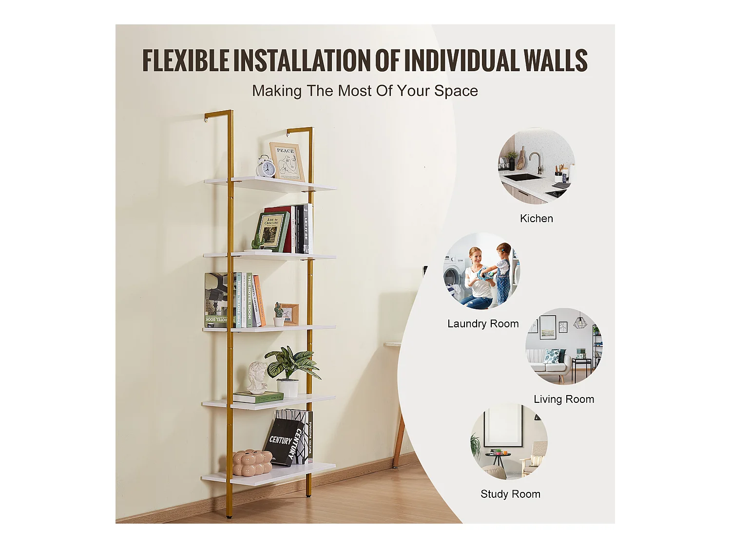 Étagère SucceBuy à 5 Niveaux, 64x30 cm, Montage Mural, Bois Rustique, Rangement, Or Blanc, Espaces de Vie