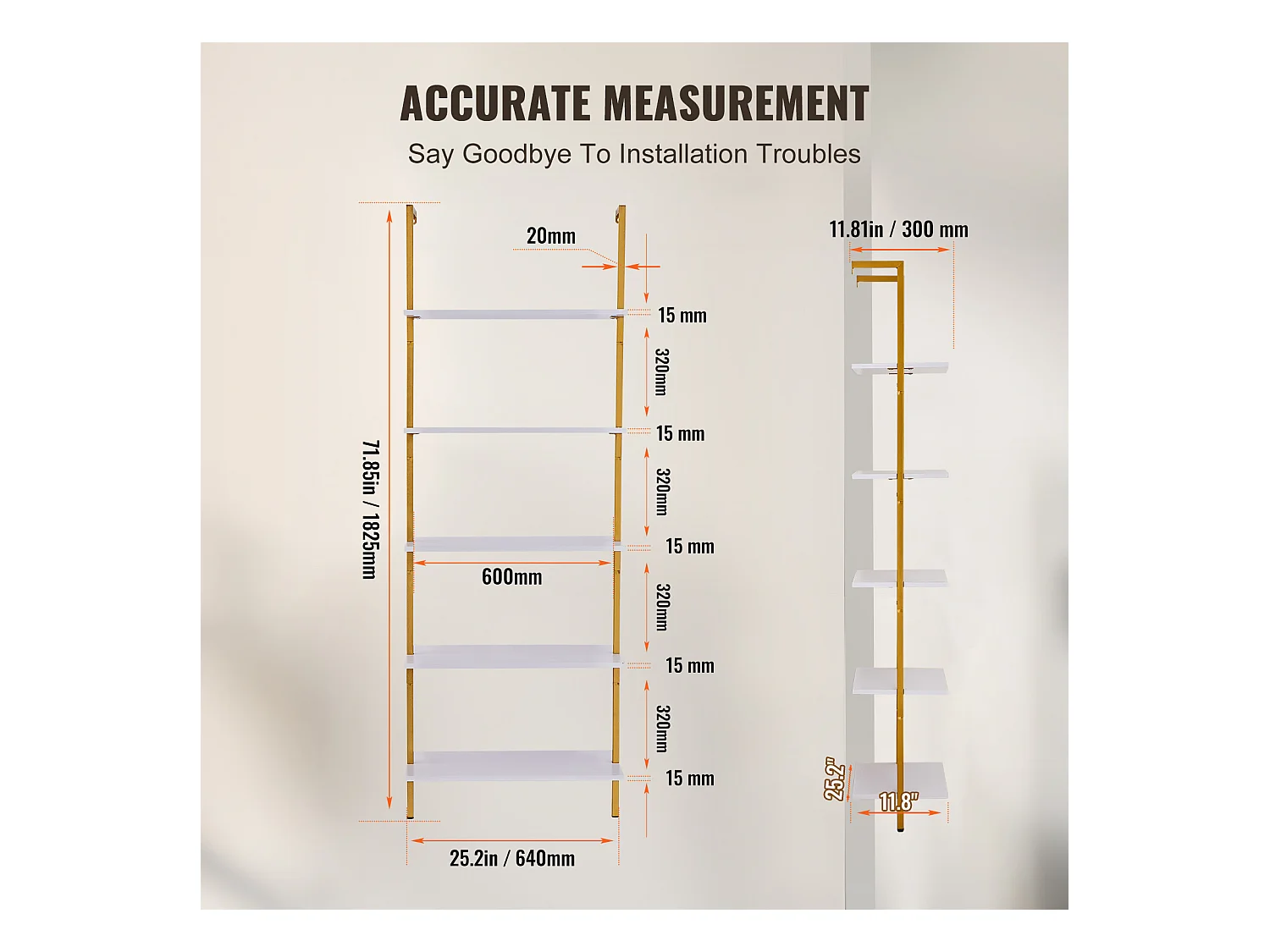Étagère SucceBuy à 5 Niveaux, 64x30 cm, Montage Mural, Bois Rustique, Rangement, Or Blanc, Espaces de Vie