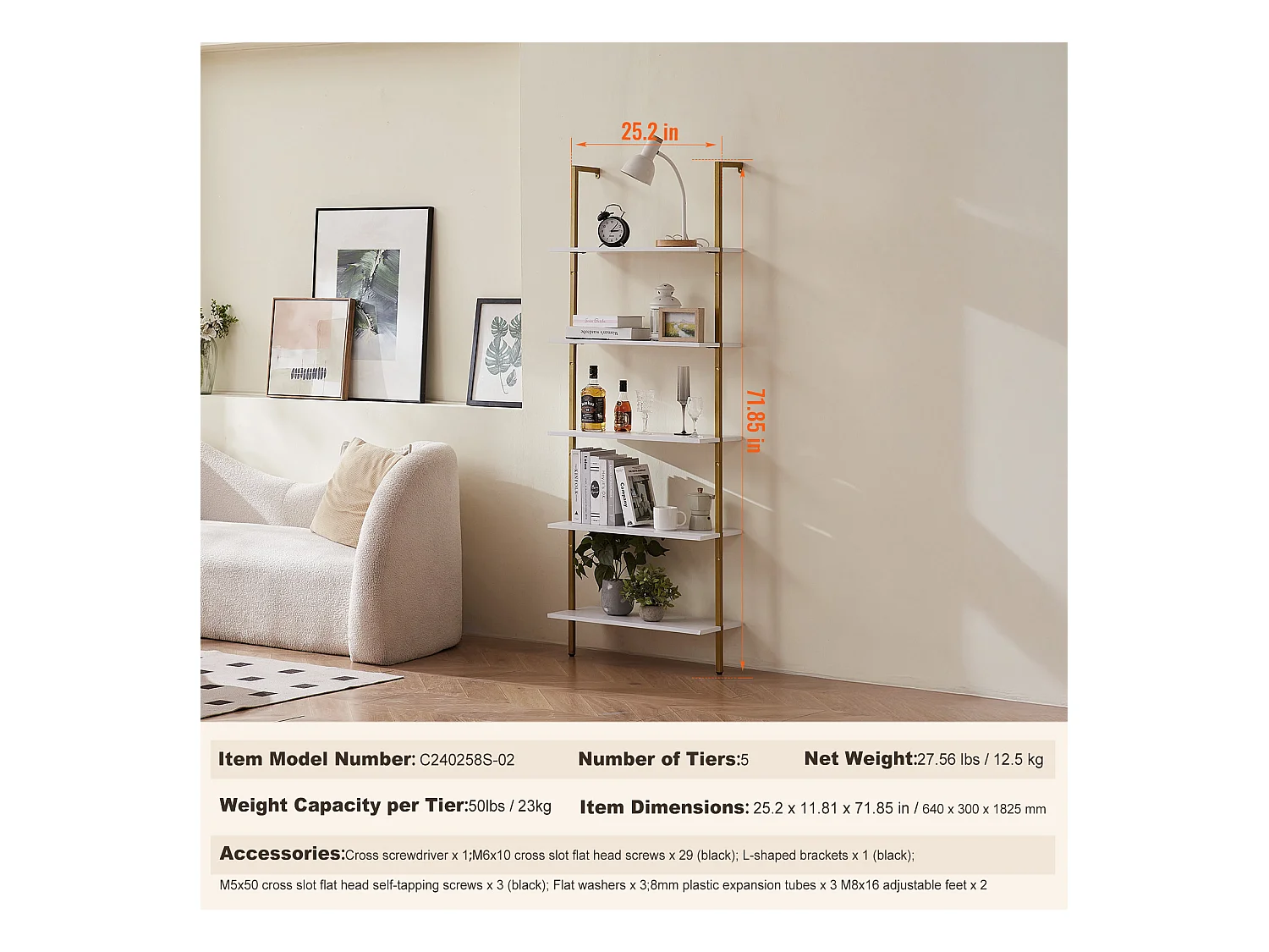 Rek SucceBuy met 5 Niveaus, 64x30 cm, Wandmontage, Rustiek Hout, Opbergruimte, Witgoud, Woonruimtes