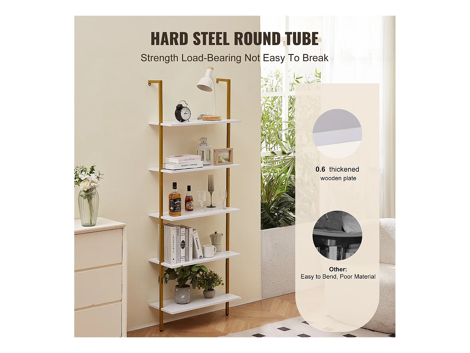 Rek SucceBuy met 5 Niveaus, 64x30 cm, Wandmontage, Rustiek Hout, Opbergruimte, Witgoud, Woonruimtes