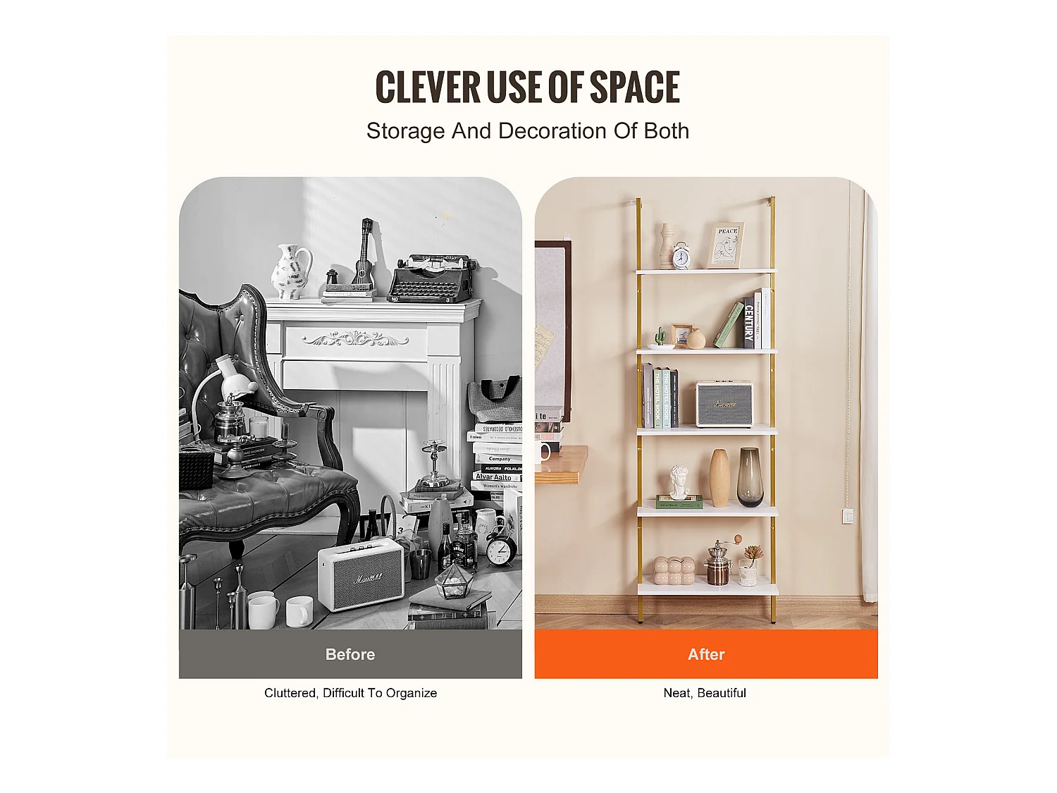 Rek SucceBuy met 5 Niveaus, 64x30 cm, Wandmontage, Rustiek Hout, Opbergruimte, Witgoud, Woonruimtes