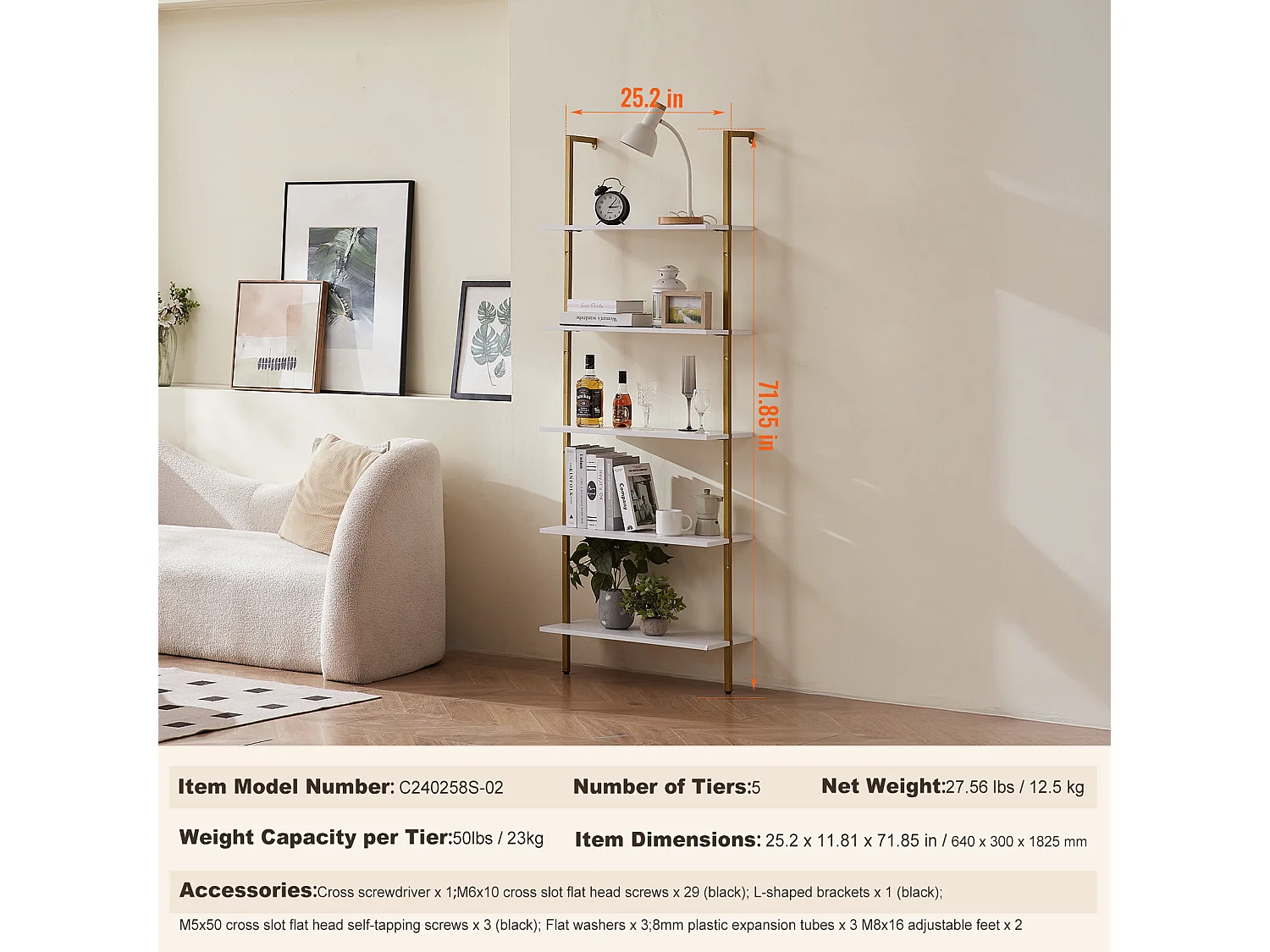 Rek SucceBuy met 5 Niveaus, 64x30 cm, Wandmontage, Rustiek Hout, Opbergruimte, Witgoud, Woonruimtes