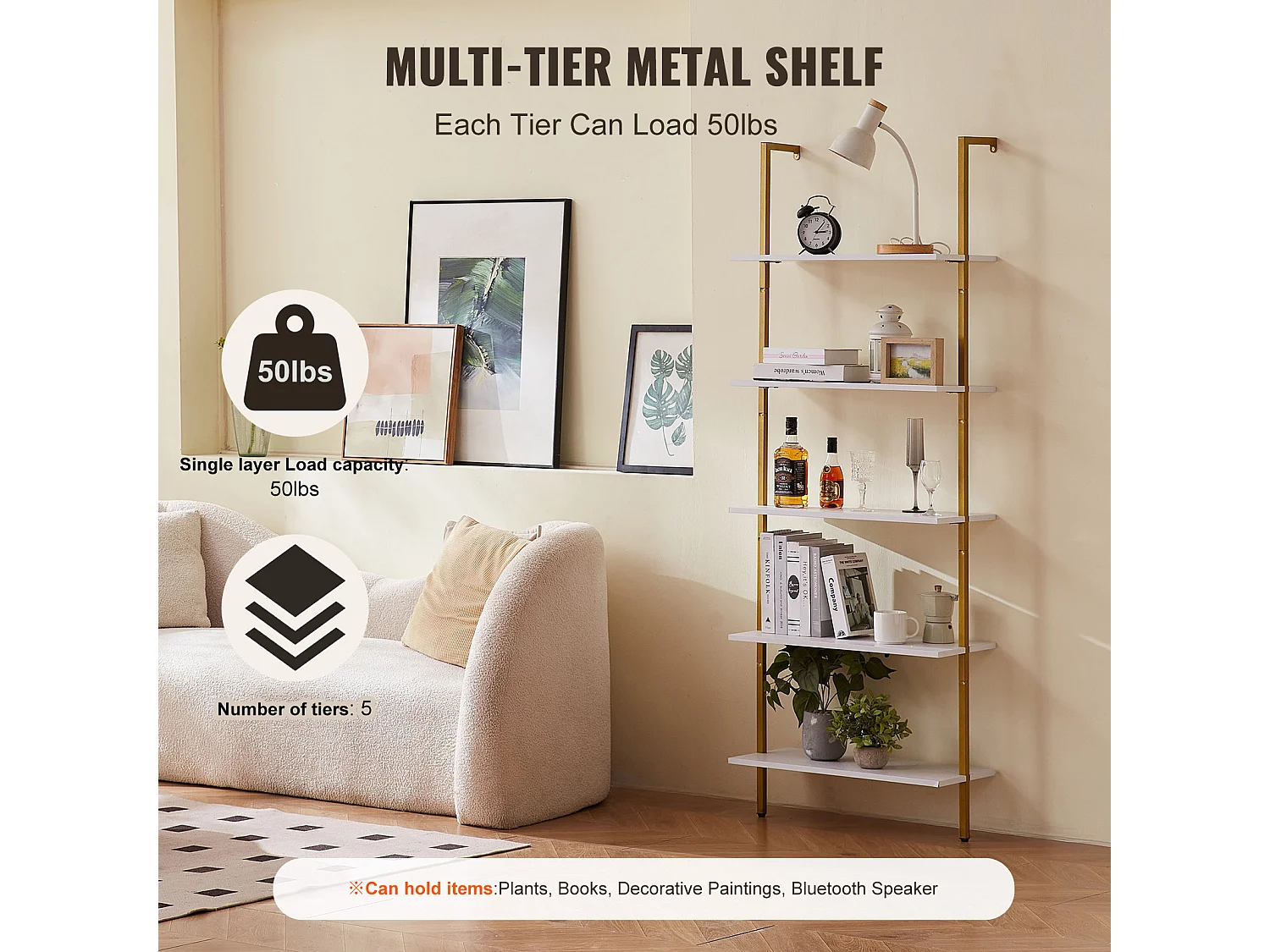 Rek SucceBuy met 5 Niveaus, 64x30 cm, Wandmontage, Rustiek Hout, Opbergruimte, Witgoud, Woonruimtes