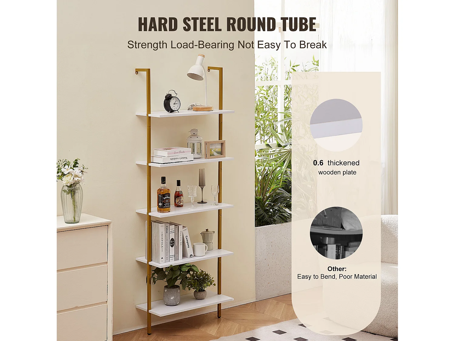 Rek SucceBuy met 5 Niveaus, 64x30 cm, Wandmontage, Rustiek Hout, Opbergruimte, Witgoud, Woonruimtes