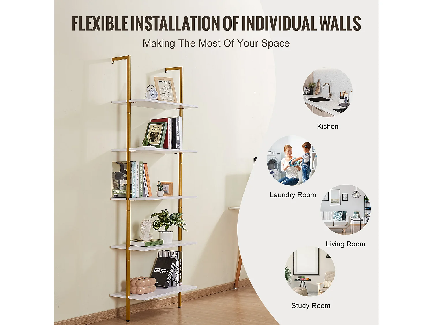 Rek SucceBuy met 5 Niveaus, 64x30 cm, Wandmontage, Rustiek Hout, Opbergruimte, Witgoud, Woonruimtes