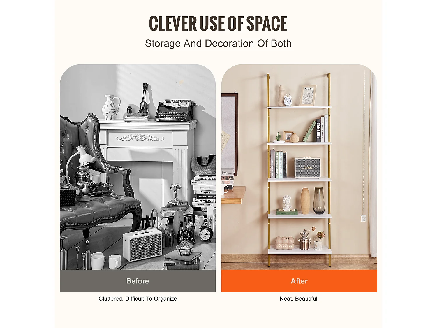 Rek SucceBuy met 5 Niveaus, 64x30 cm, Wandmontage, Rustiek Hout, Opbergruimte, Witgoud, Woonruimtes