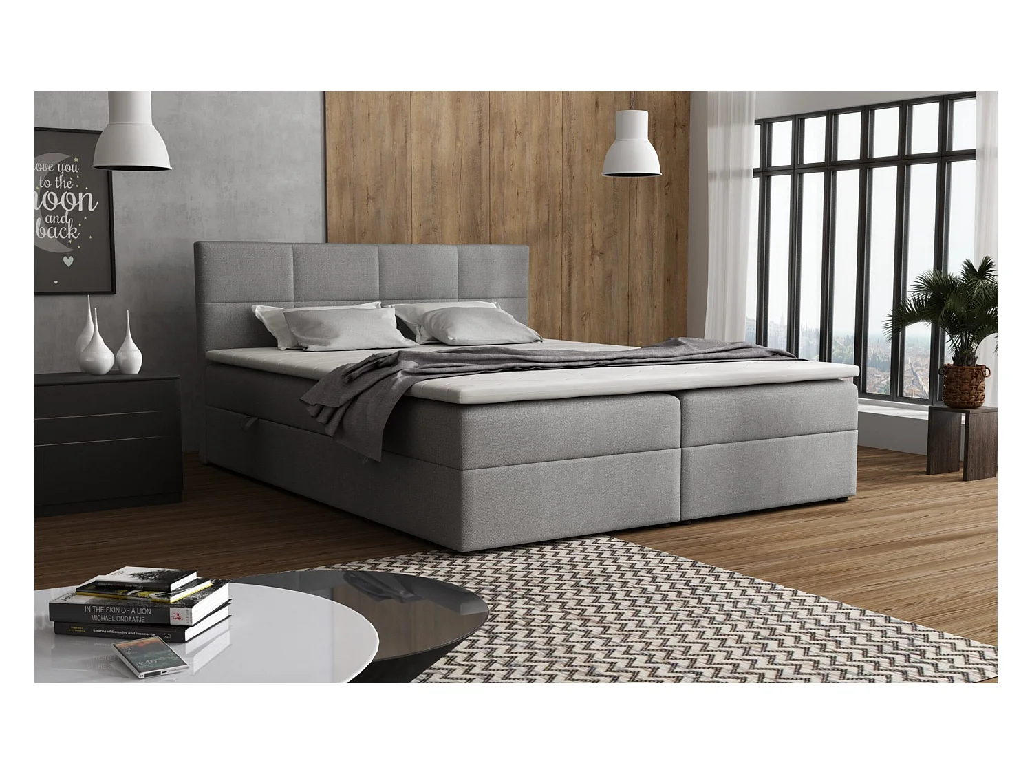 Lit Boxspring Betty avec 2 caissons de lit, lit rembourré dimensions: 140x200, couleur: gris, tissu velours