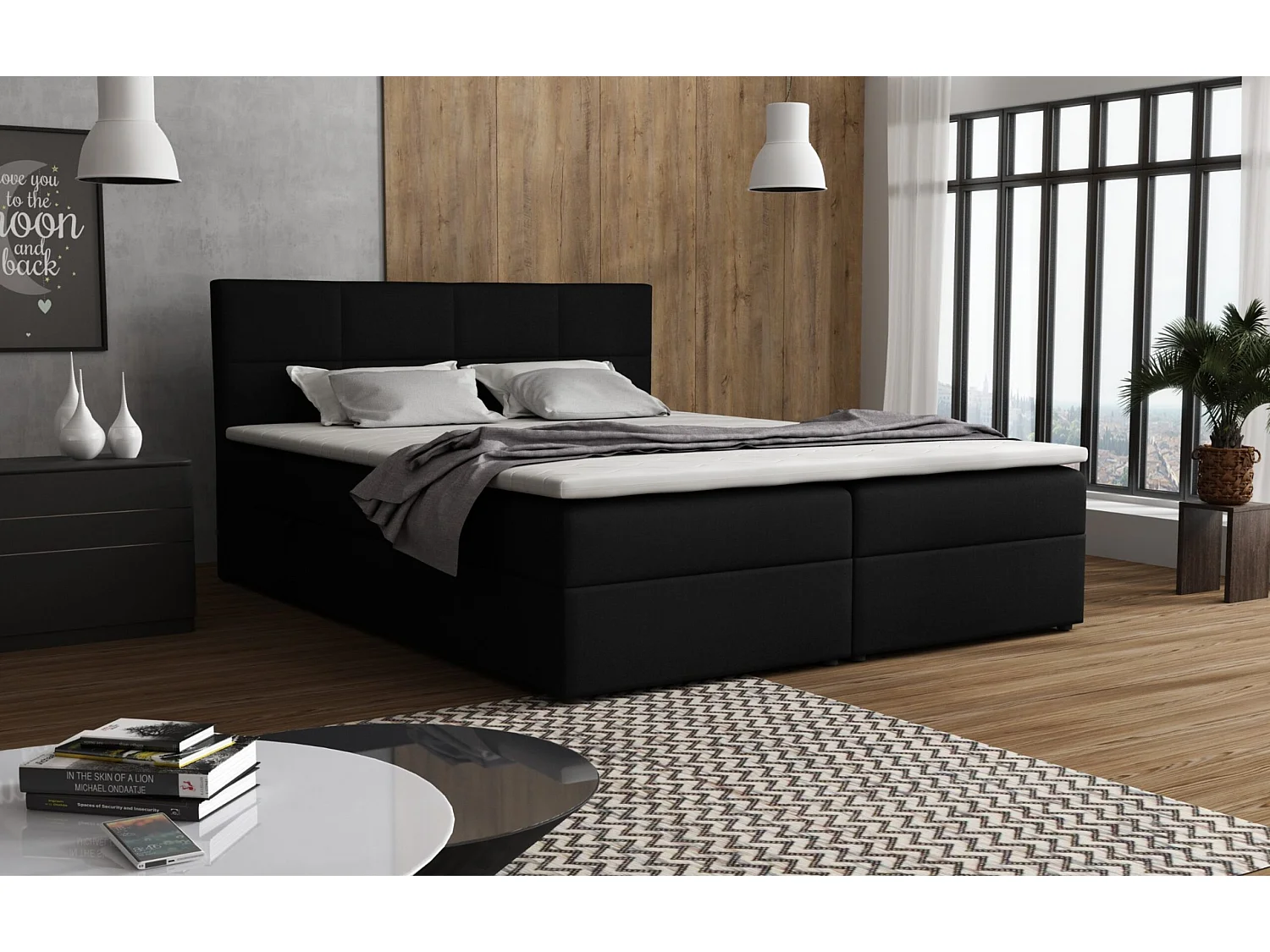 Lit Boxspring Betty avec 2 caissons de lit, lit rembourré dimensions: 140x200, couleur: noir, tissu velours