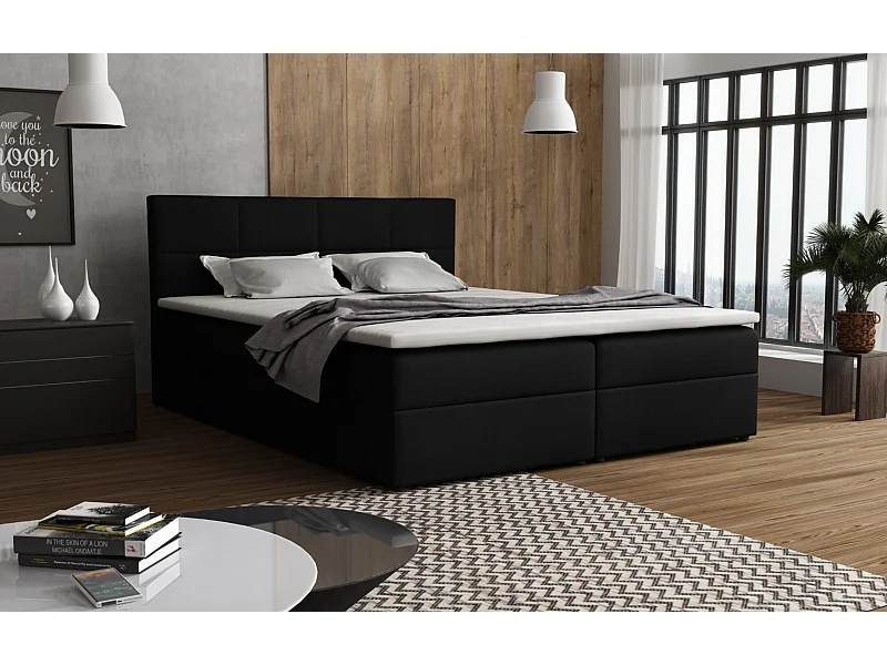 Lit Boxspring Betty avec 2 caissons de lit, lit rembourré dimensions: 140x200, couleur: noir, tissu velours
