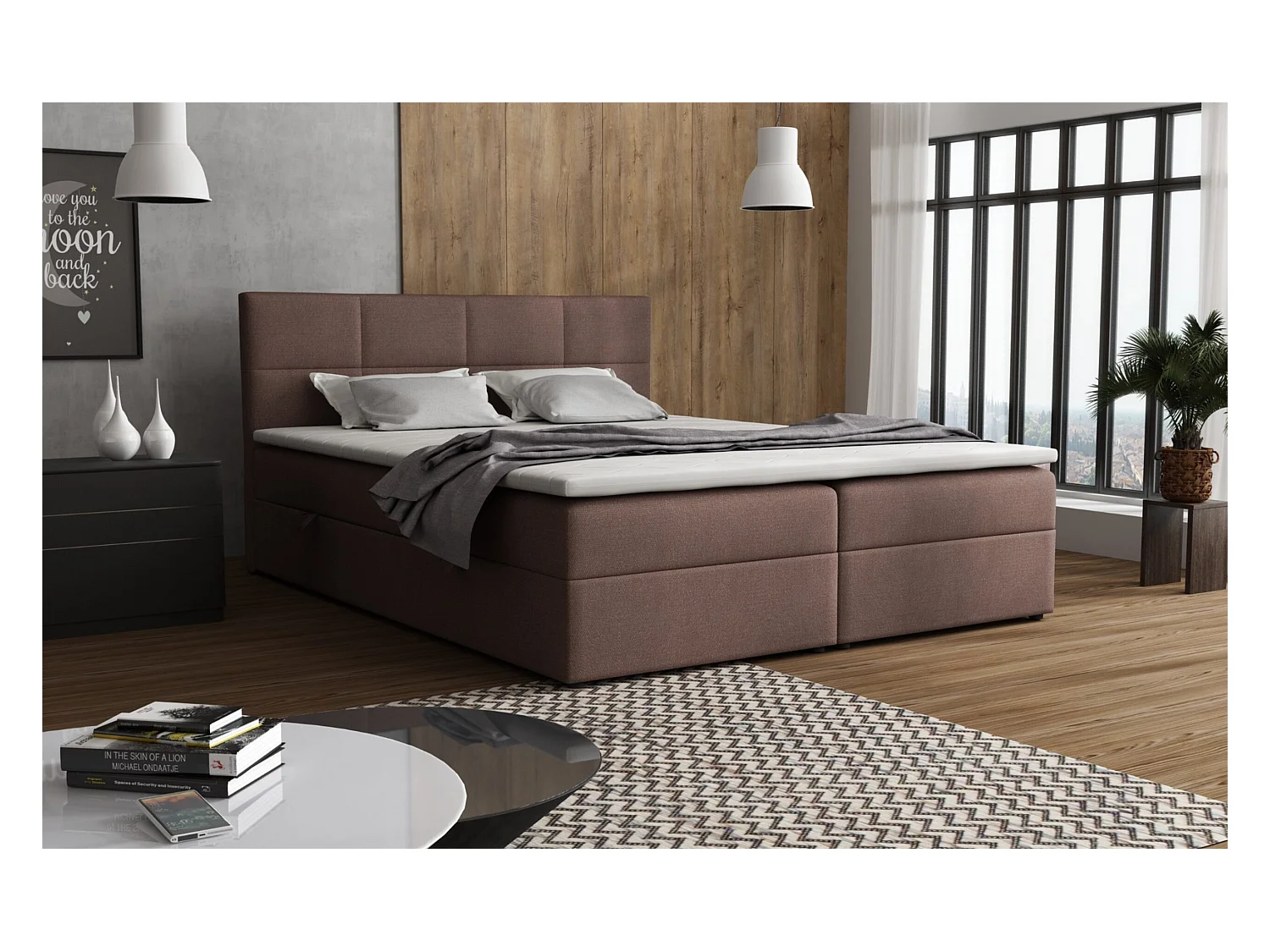 Boxspringbed Betty met 2 bedbakken, gestoffeerd bed Afmetingen: 140x200, kleur: bruin, veloursstof, tweepersoonsbed met Bonell-matras incl. topper