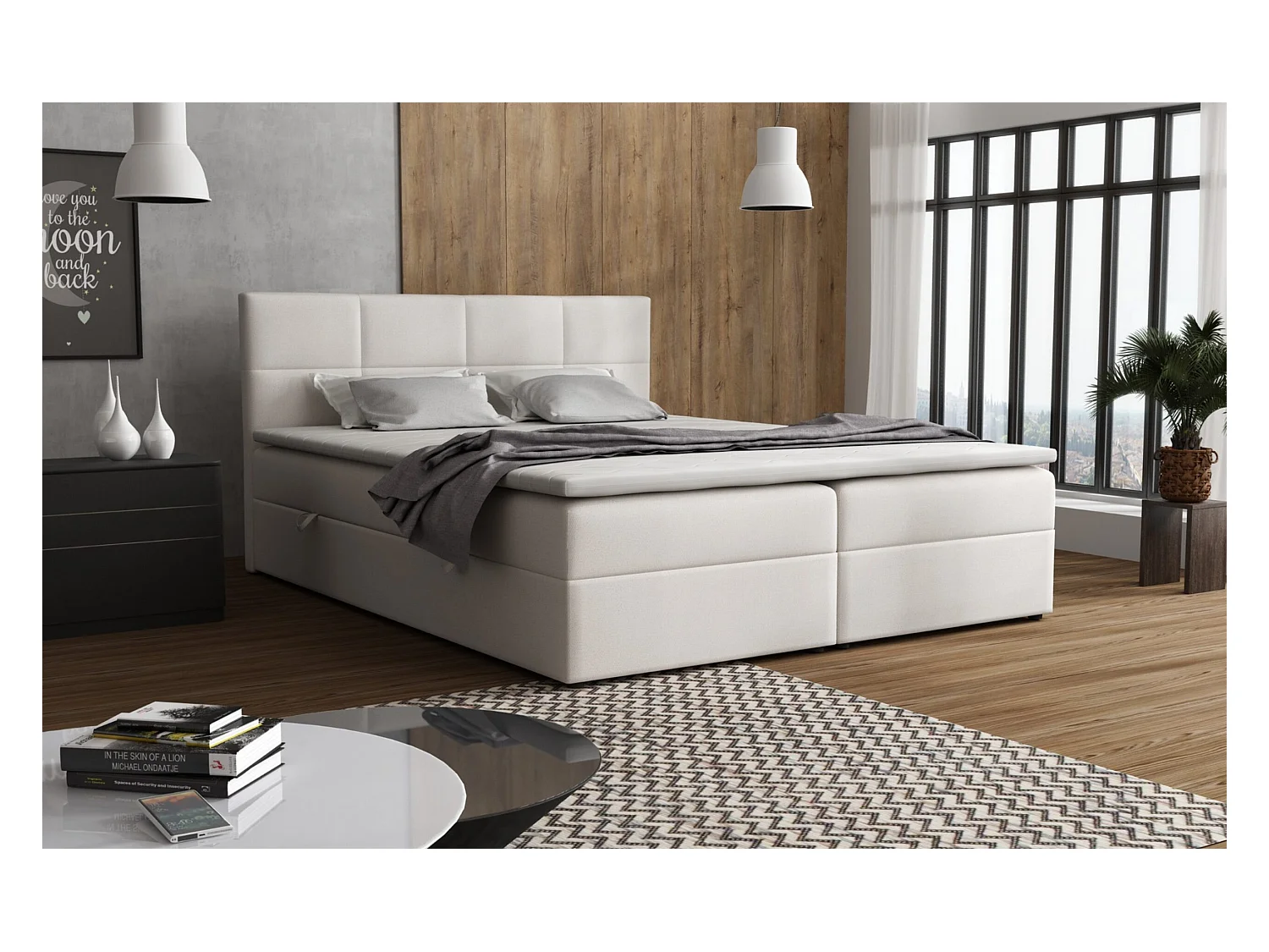 Lit Boxspring Betty avec 2 caissons de lit, lit rembourré Dimensions: 180x200, Couleur: Beige, Tissu velours, Lit double avec matelas Bonell incl. topper