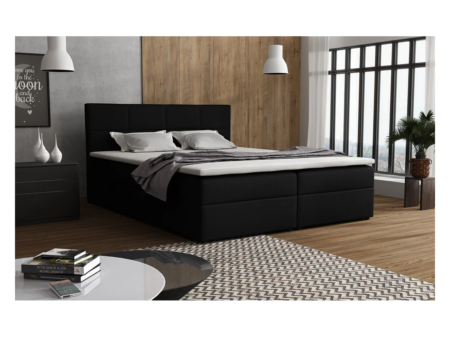 Lit Boxspring Betty avec 2 caissons de lit, lit rembourré dimensions: 180x200, couleur: noir, tissu velours