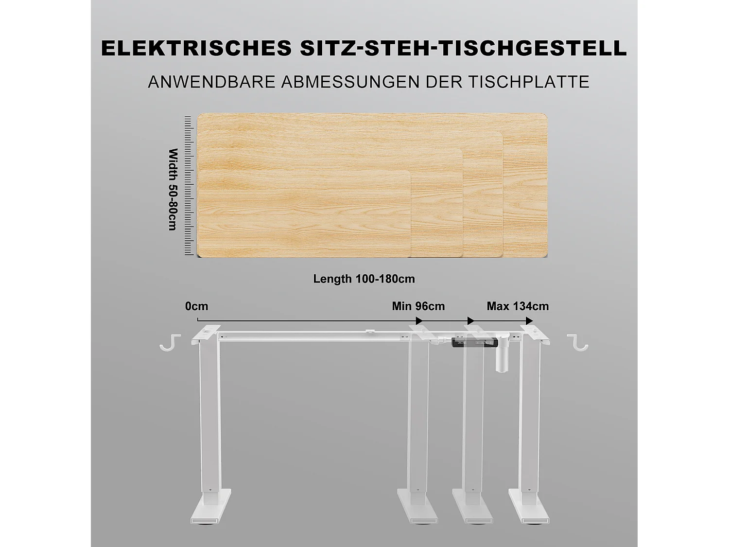Homavo höhenverstellbarer Tischrahmen mit Memory, Rückfederung bei Widerstand, USB-/Type-C-Anschlüssen, Höhe 69–117 cm.