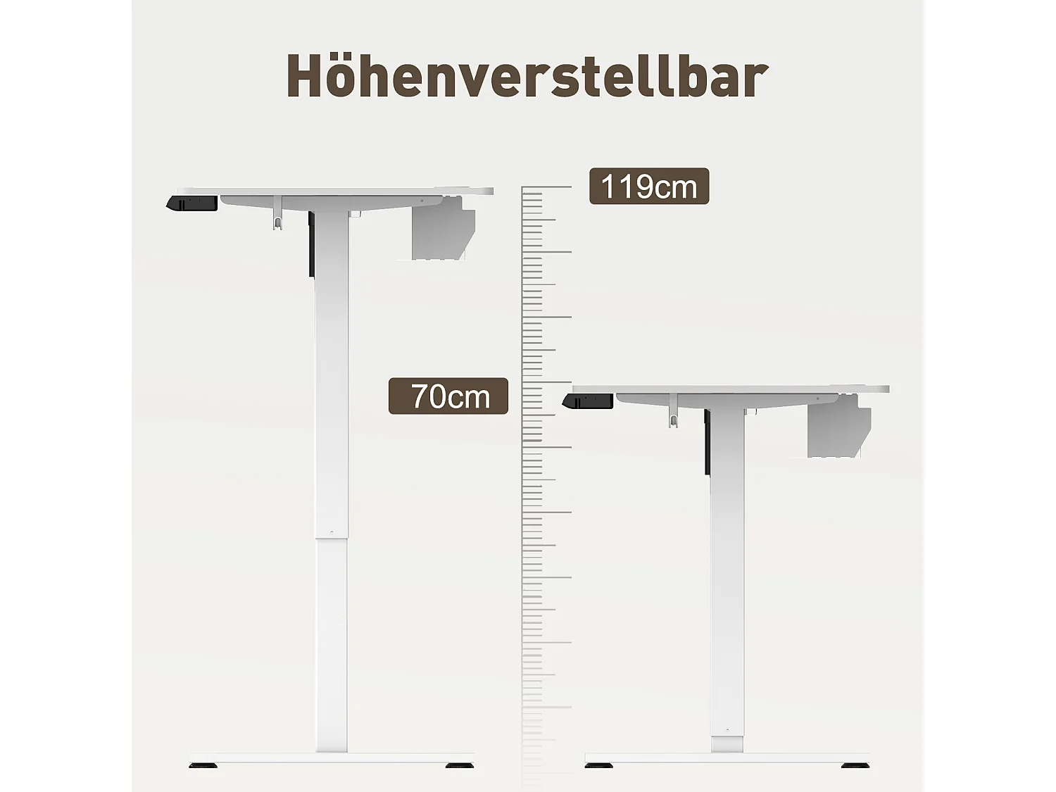 Homavo höhenverstellbarer Tischrahmen mit Memory, Rückfederung bei Widerstand, USB-/Type-C-Anschlüssen, Höhe 69–117 cm.