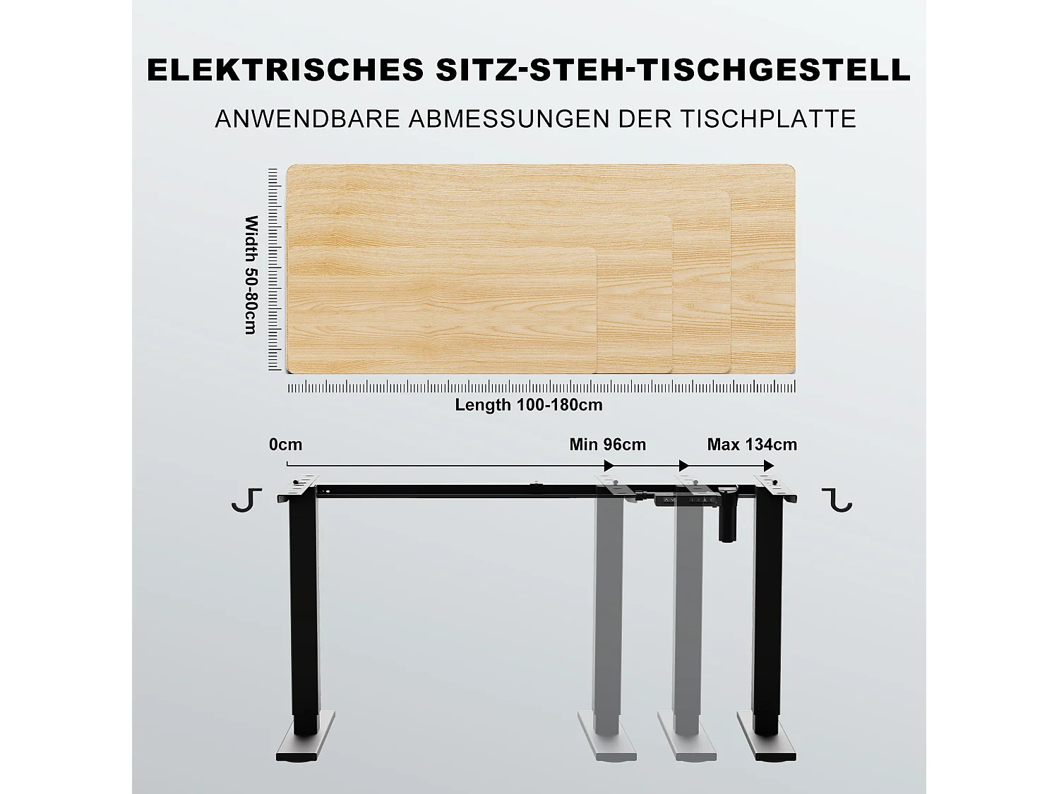 Homavo höhenverstellbarer Tischrahmen mit Memory, Rückfederung bei Widerstand, USB-/Type-C-Anschlüssen, Höhe 69–117 cm.