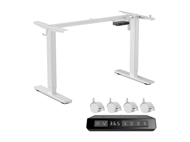 Homavo support de bureau réglable avec mémoire, rebond en cas de résistance, ports USB/Type-C, hauteur 69-117 cm.