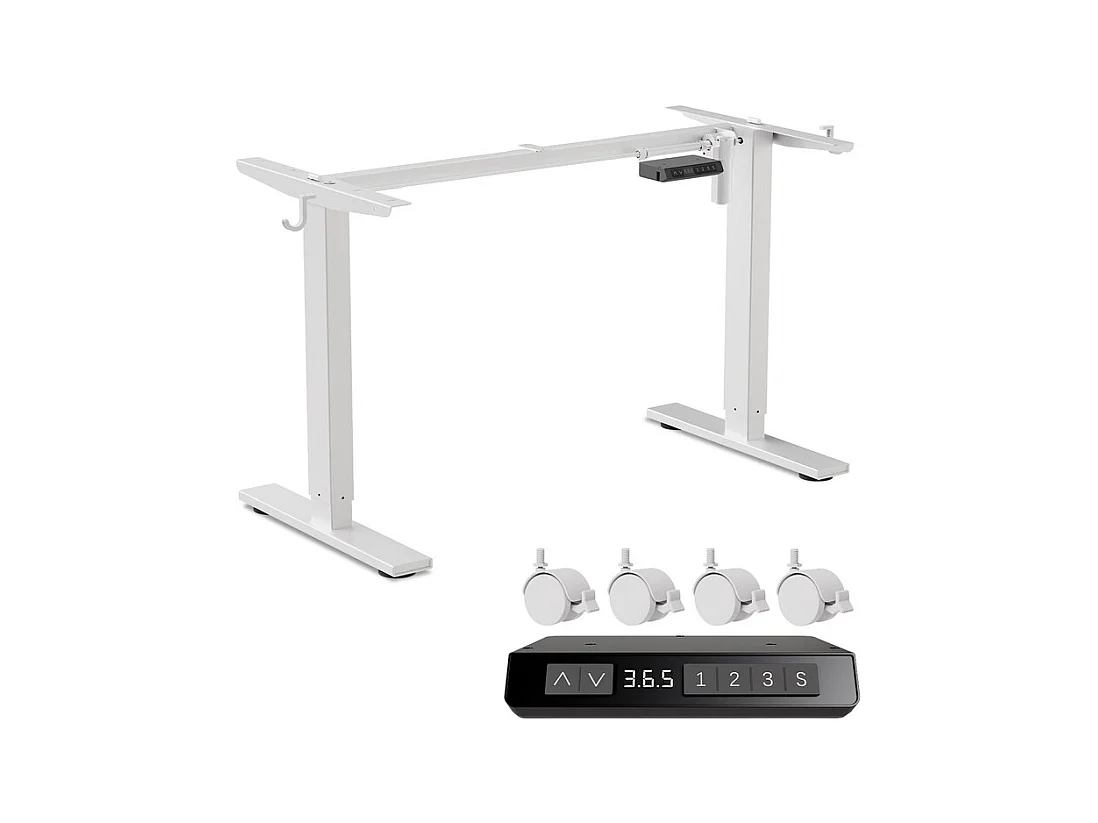 Homavo support de bureau réglable avec mémoire, rebond en cas de résistance, ports USB/Type-C, hauteur 69-117 cm.