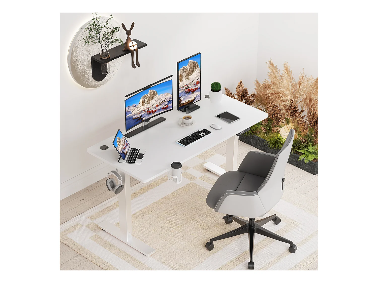 Homavo support de bureau réglable avec mémoire, rebond en cas de résistance, ports USB/Type-C, hauteur 69-117 cm.