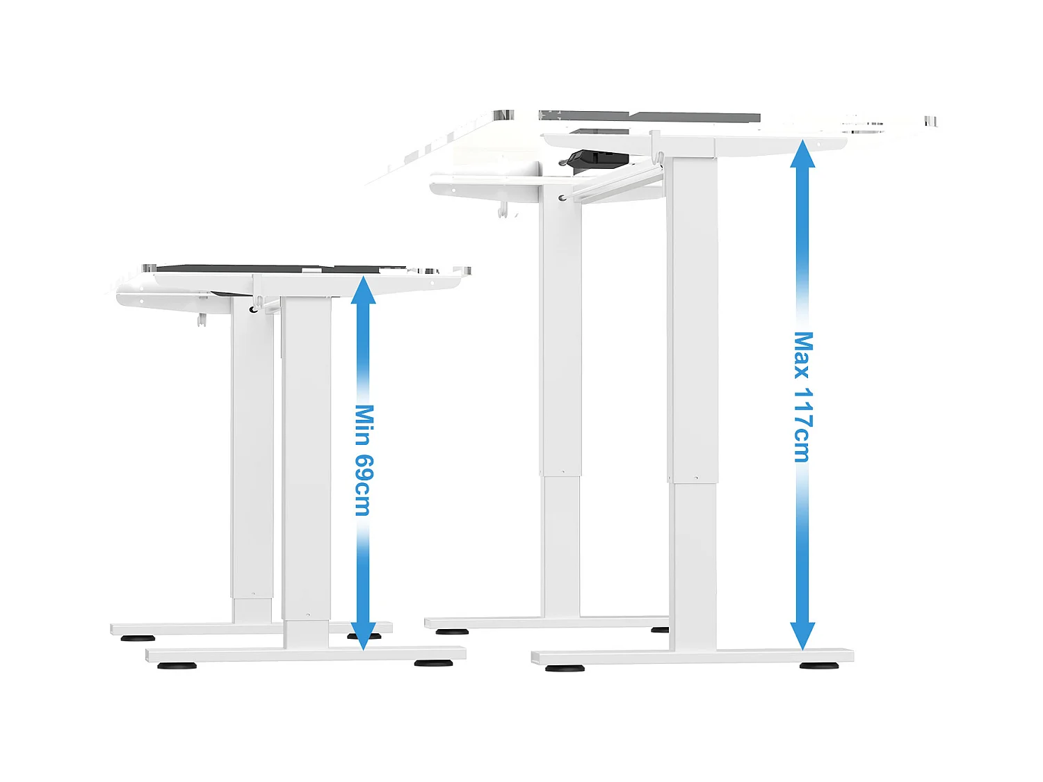 Homavo support de bureau réglable avec mémoire, rebond en cas de résistance, ports USB/Type-C, hauteur 69-117 cm.