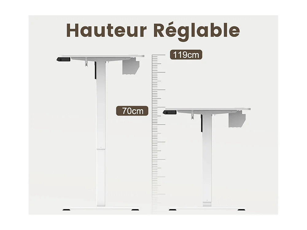 Homavo support de bureau réglable avec mémoire, rebond en cas de résistance, ports USB/Type-C, hauteur 69-117 cm.