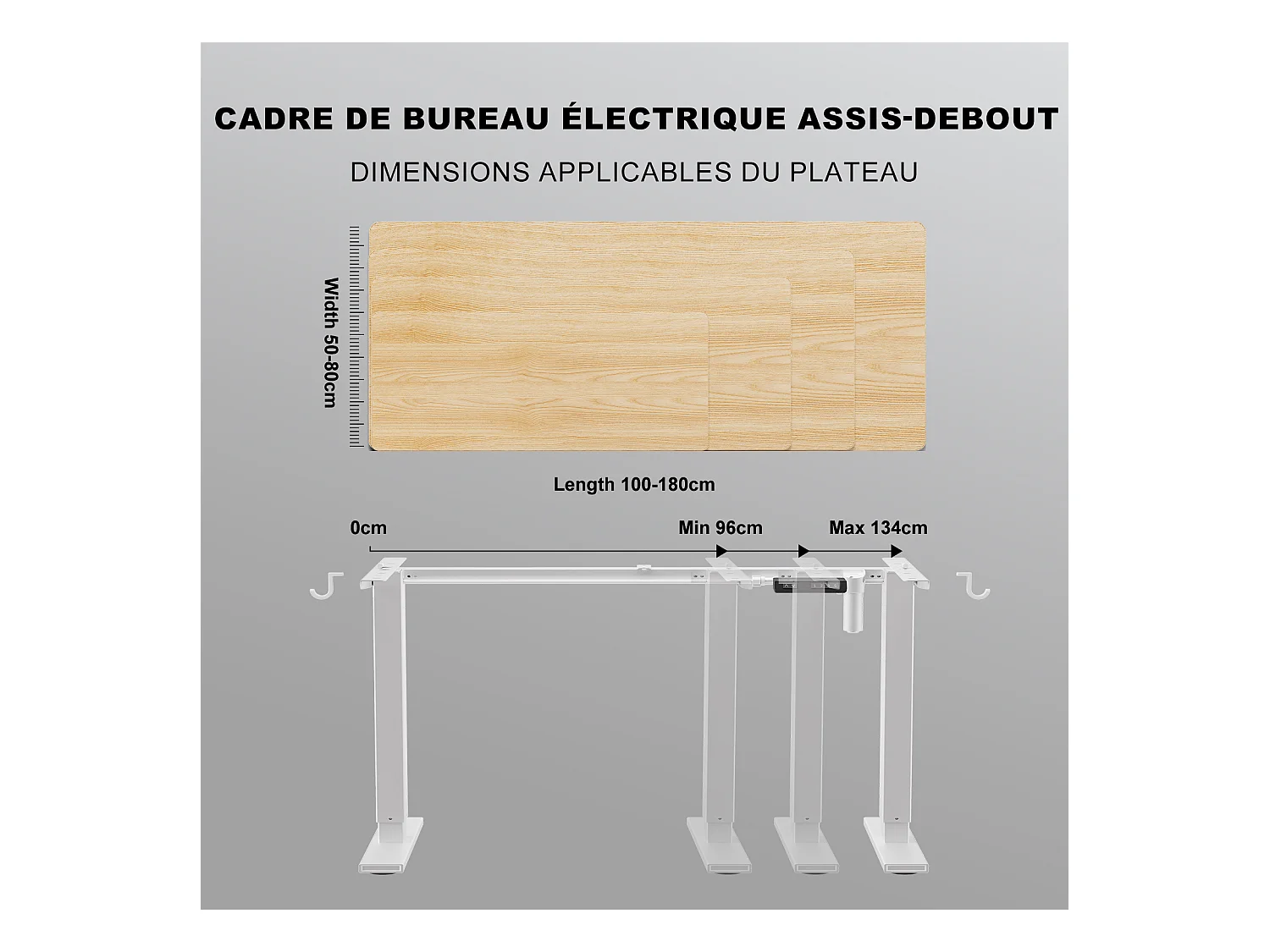 Homavo support de bureau réglable avec mémoire, rebond en cas de résistance, ports USB/Type-C, hauteur 69-117 cm.