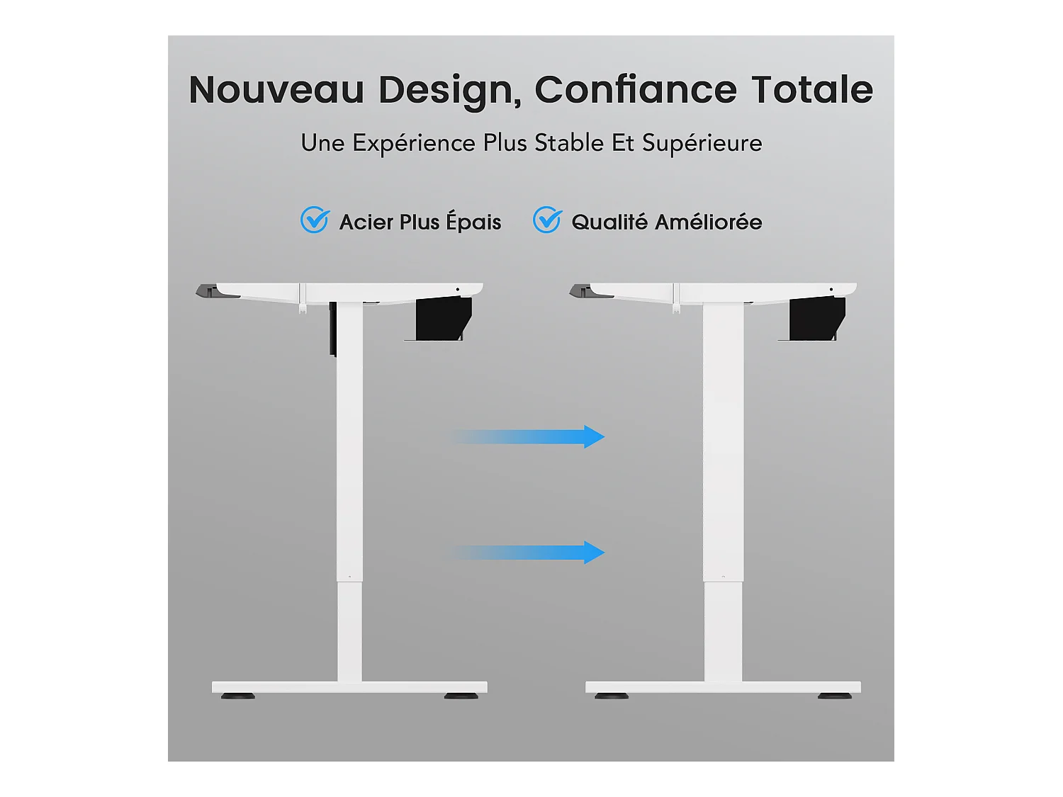 Homavo support de bureau réglable avec mémoire, rebond en cas de résistance, ports USB/Type-C, hauteur 69-117 cm.