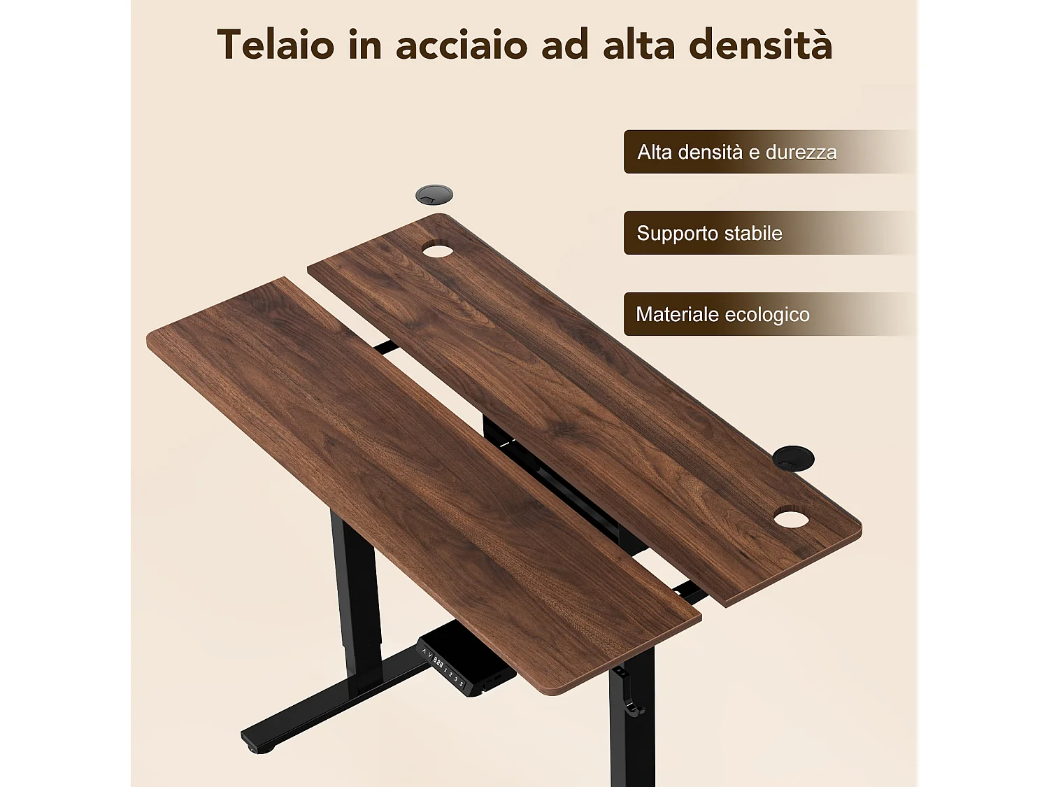 Scrivania elettrica 140x70 cm con altezza regolabile, memoria, anti-collisione e USB – Noce