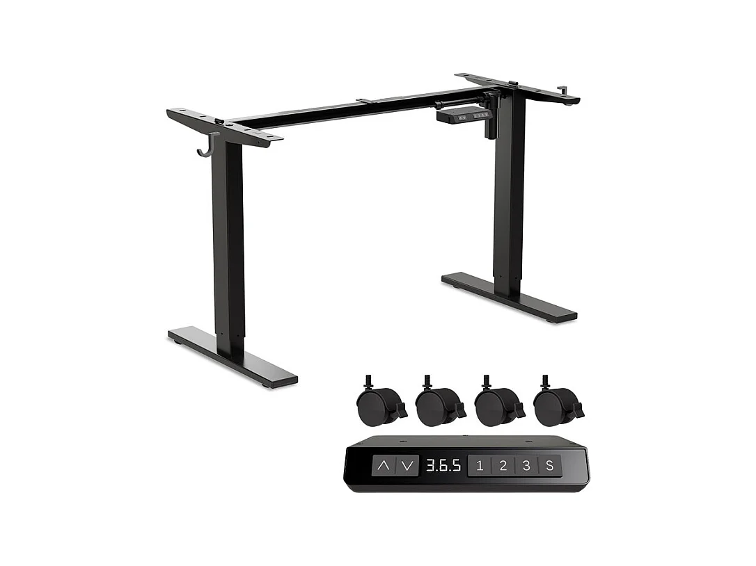 Homavo support de bureau réglable avec mémoire, rebond en cas de résistance, ports USB/Type-C, hauteur 69-117 cm.