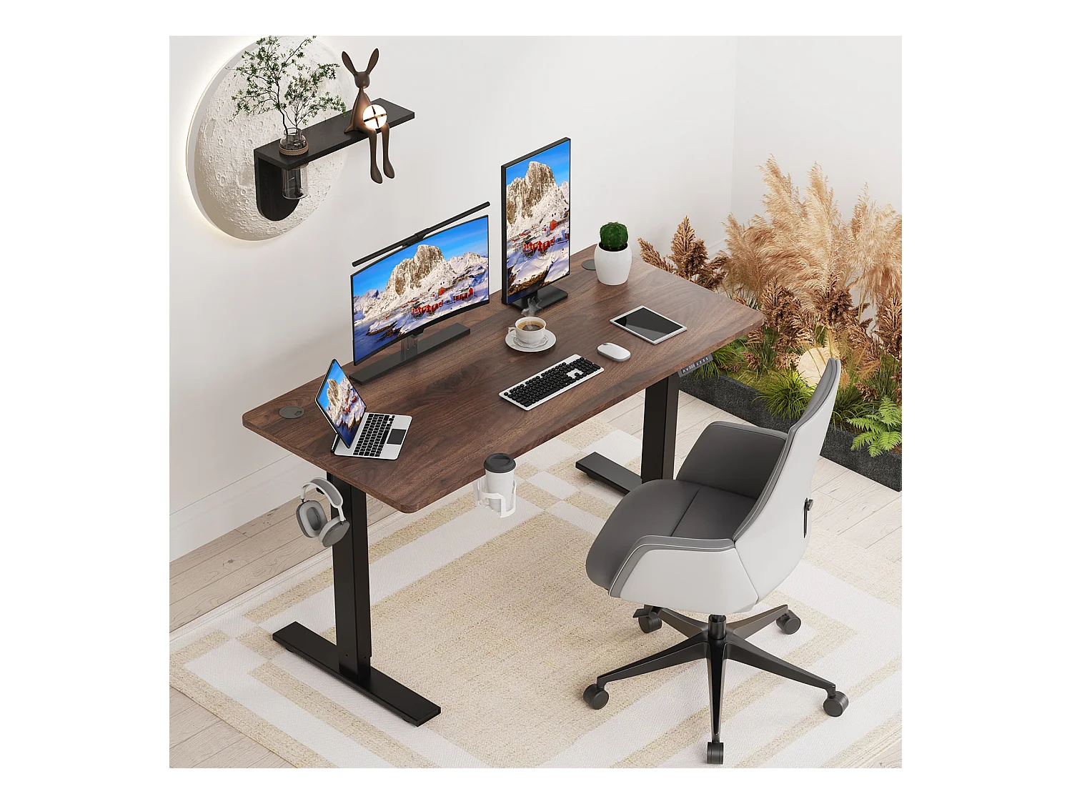 Homavo support de bureau réglable avec mémoire, rebond en cas de résistance, ports USB/Type-C, hauteur 69-117 cm.