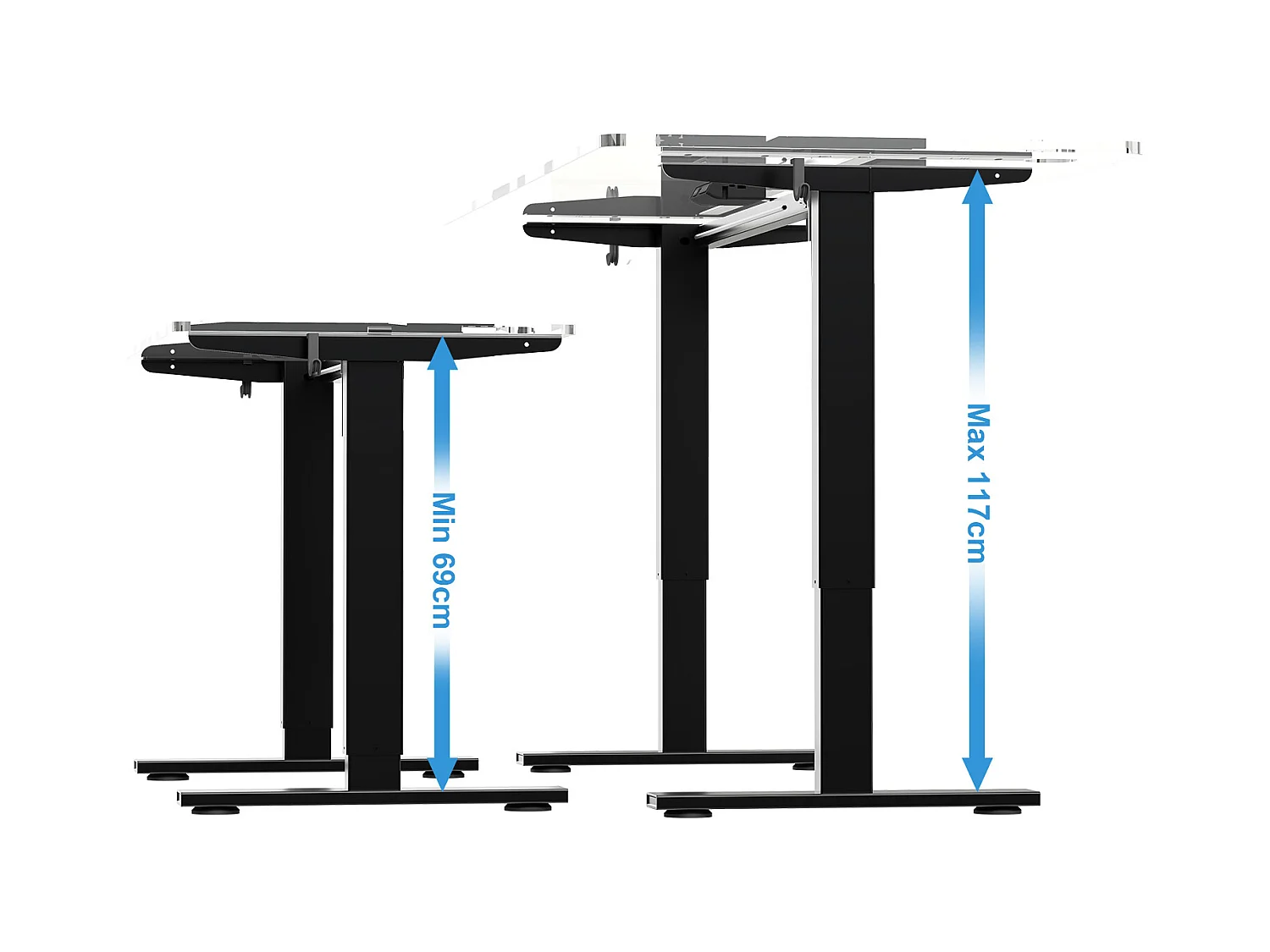 Homavo support de bureau réglable avec mémoire, rebond en cas de résistance, ports USB/Type-C, hauteur 69-117 cm.