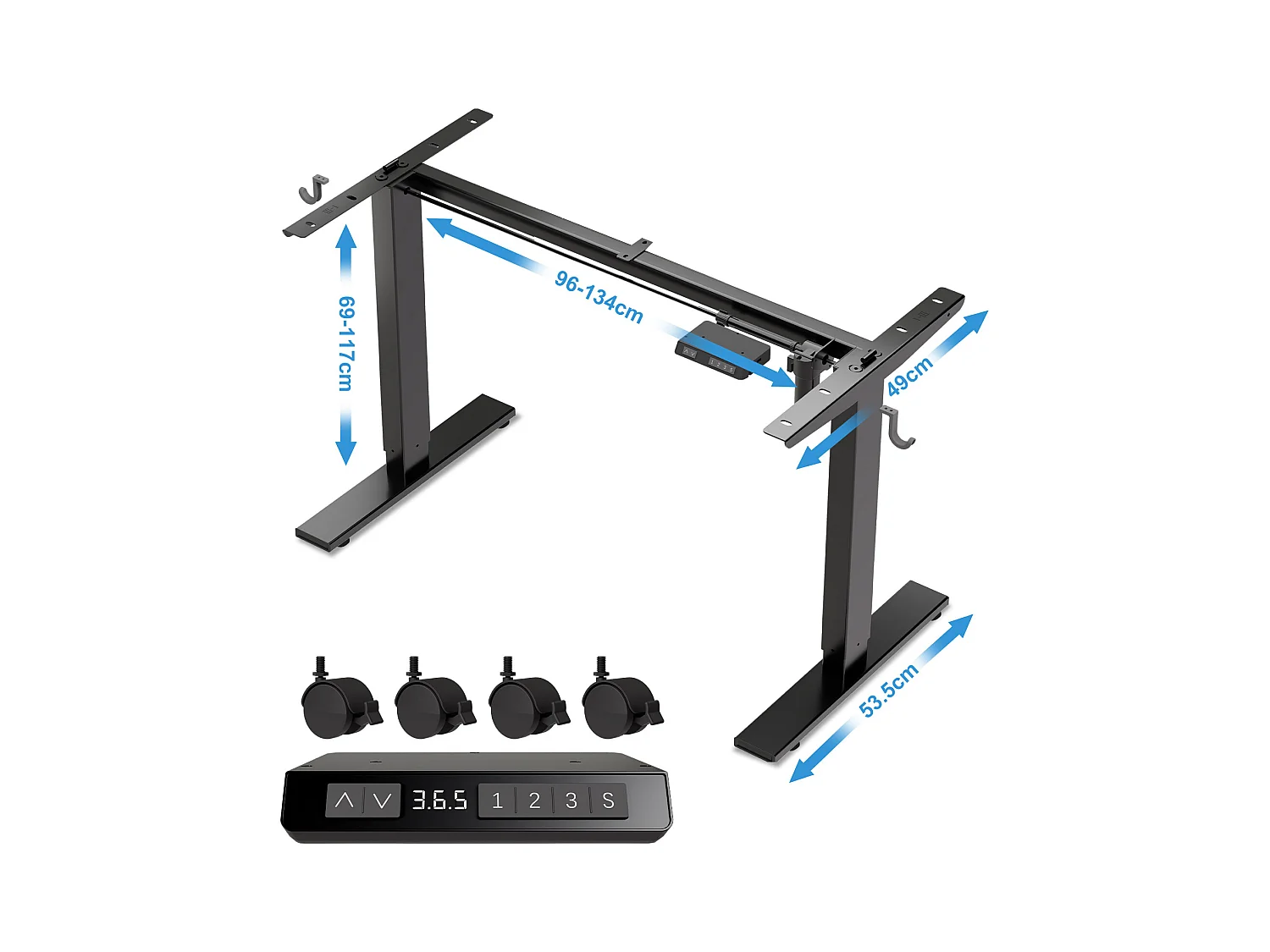 Homavo support de bureau réglable avec mémoire, rebond en cas de résistance, ports USB/Type-C, hauteur 69-117 cm.