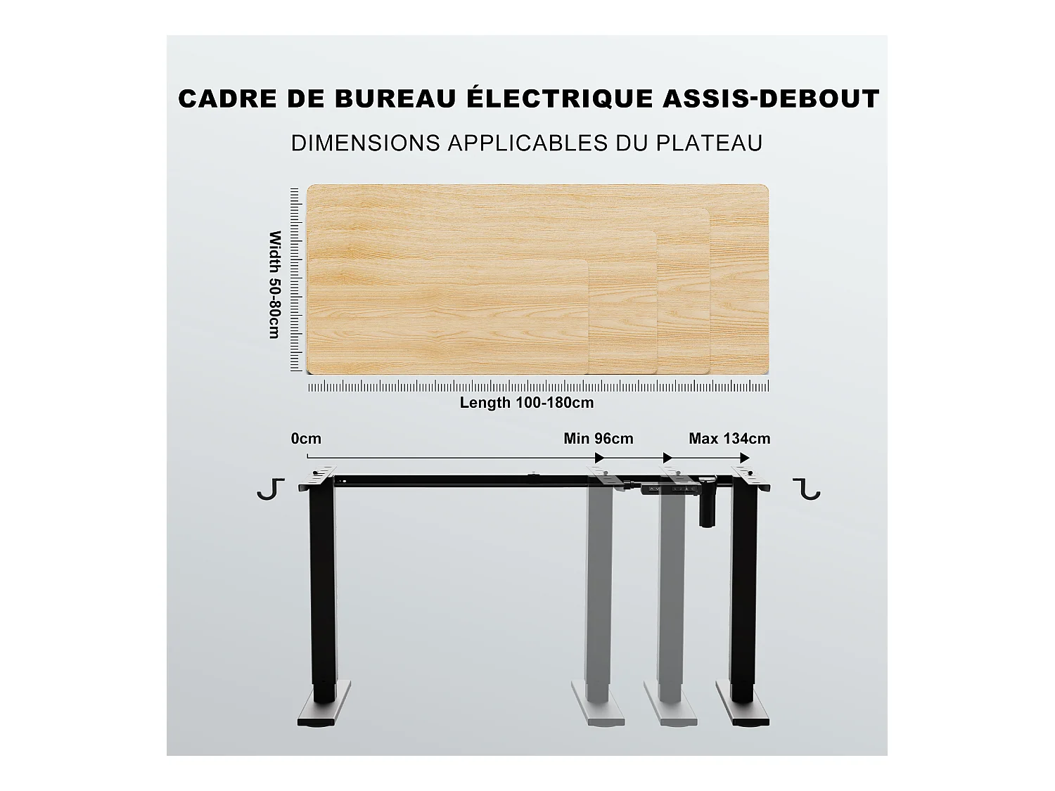 Homavo support de bureau réglable avec mémoire, rebond en cas de résistance, ports USB/Type-C, hauteur 69-117 cm.