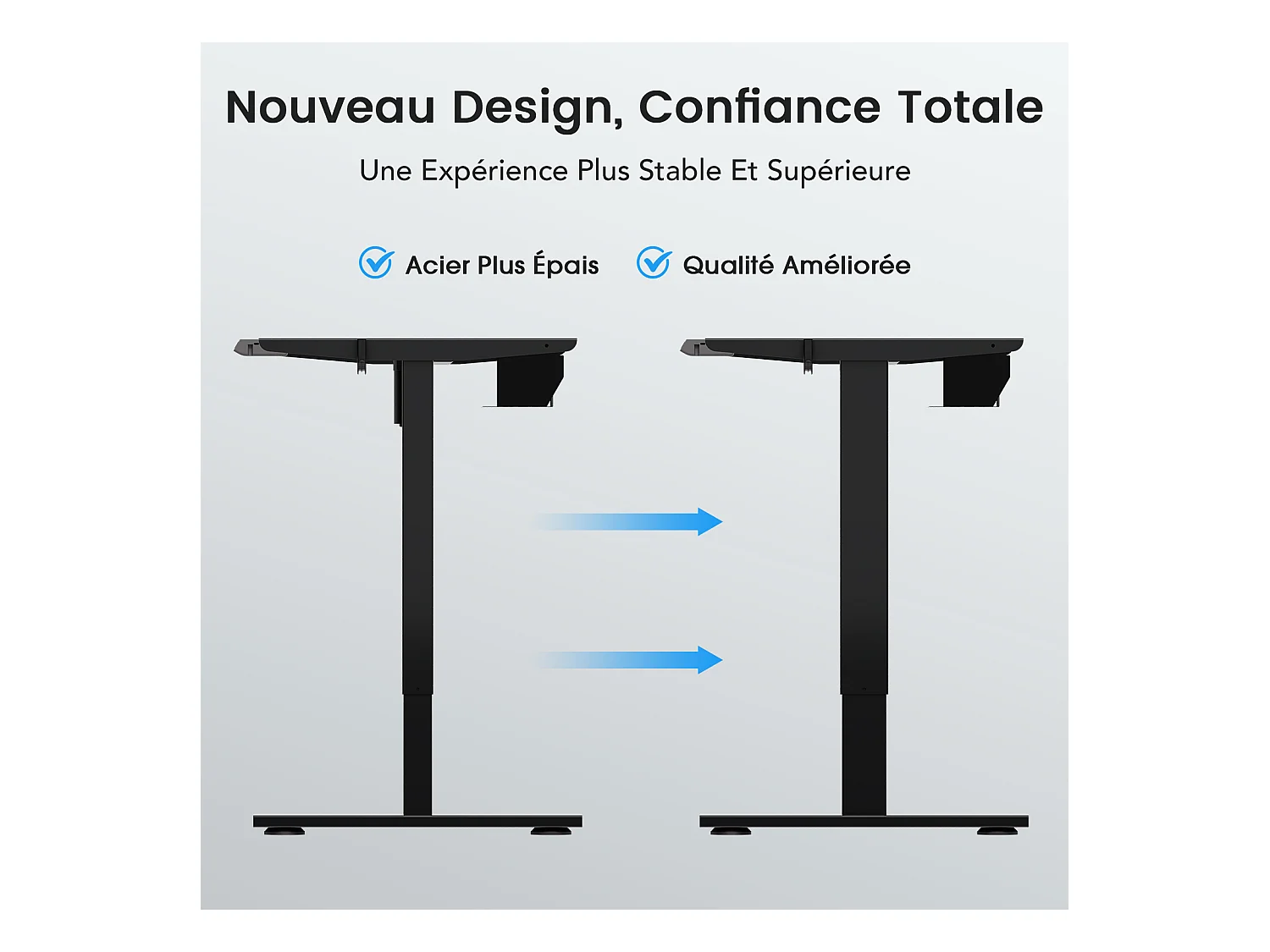 Homavo support de bureau réglable avec mémoire, rebond en cas de résistance, ports USB/Type-C, hauteur 69-117 cm.
