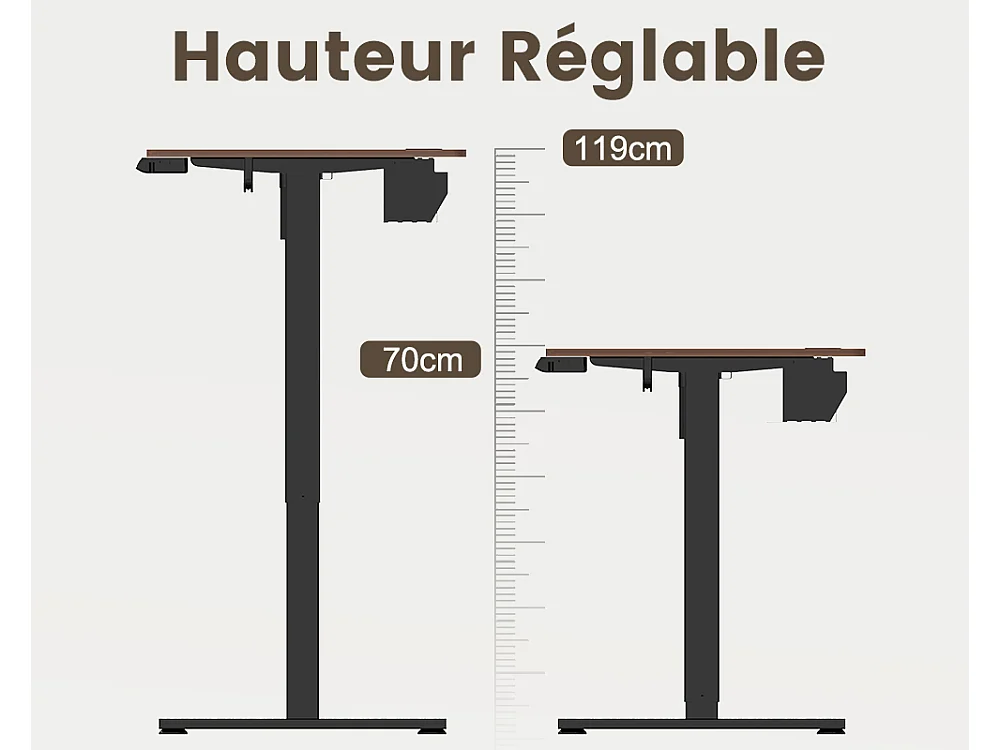 Homavo support de bureau réglable avec mémoire, rebond en cas de résistance, ports USB/Type-C, hauteur 69-117 cm.