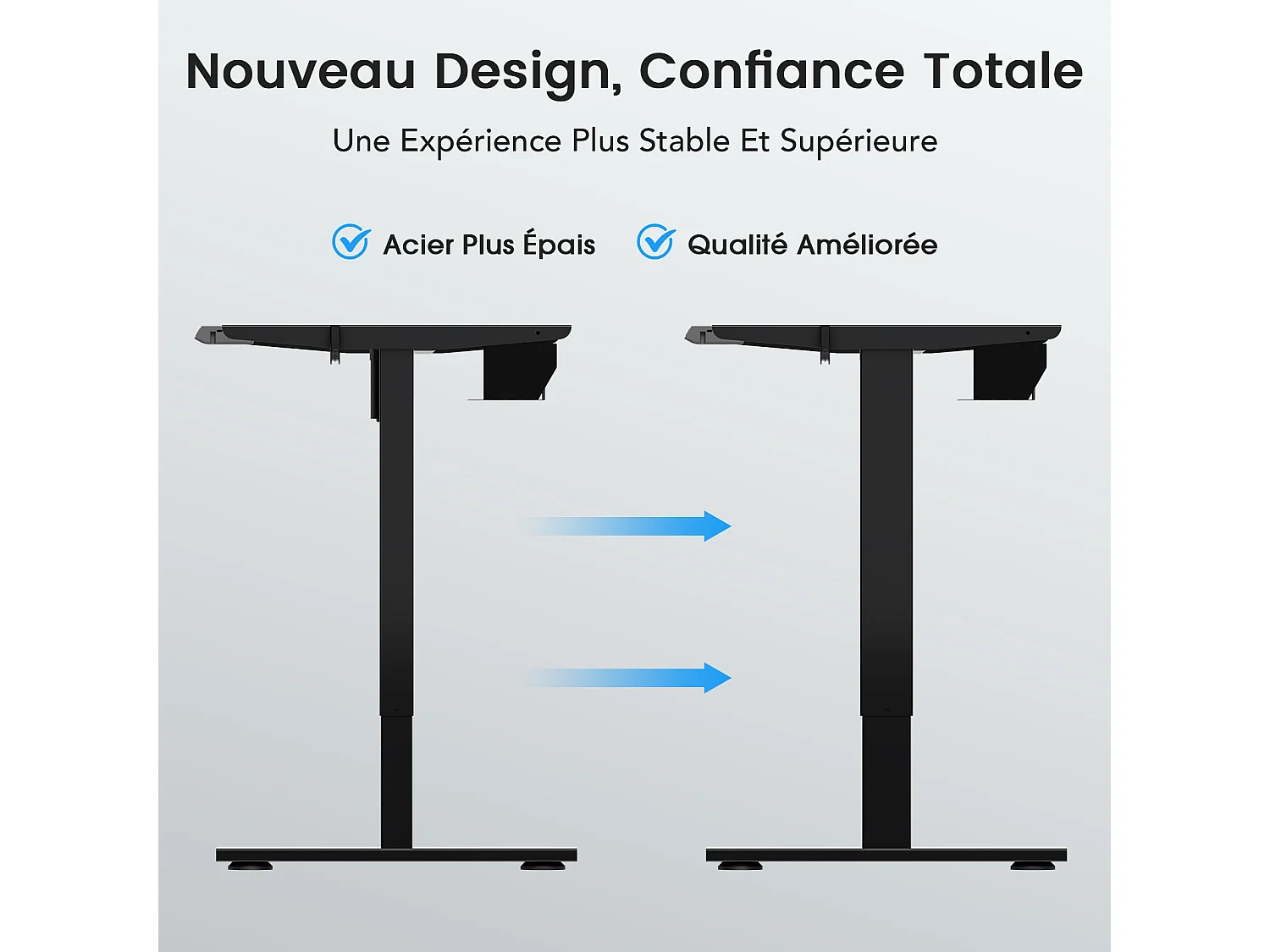 Homavo support de bureau réglable avec mémoire, rebond en cas de résistance, ports USB/Type-C, hauteur 69-117 cm.