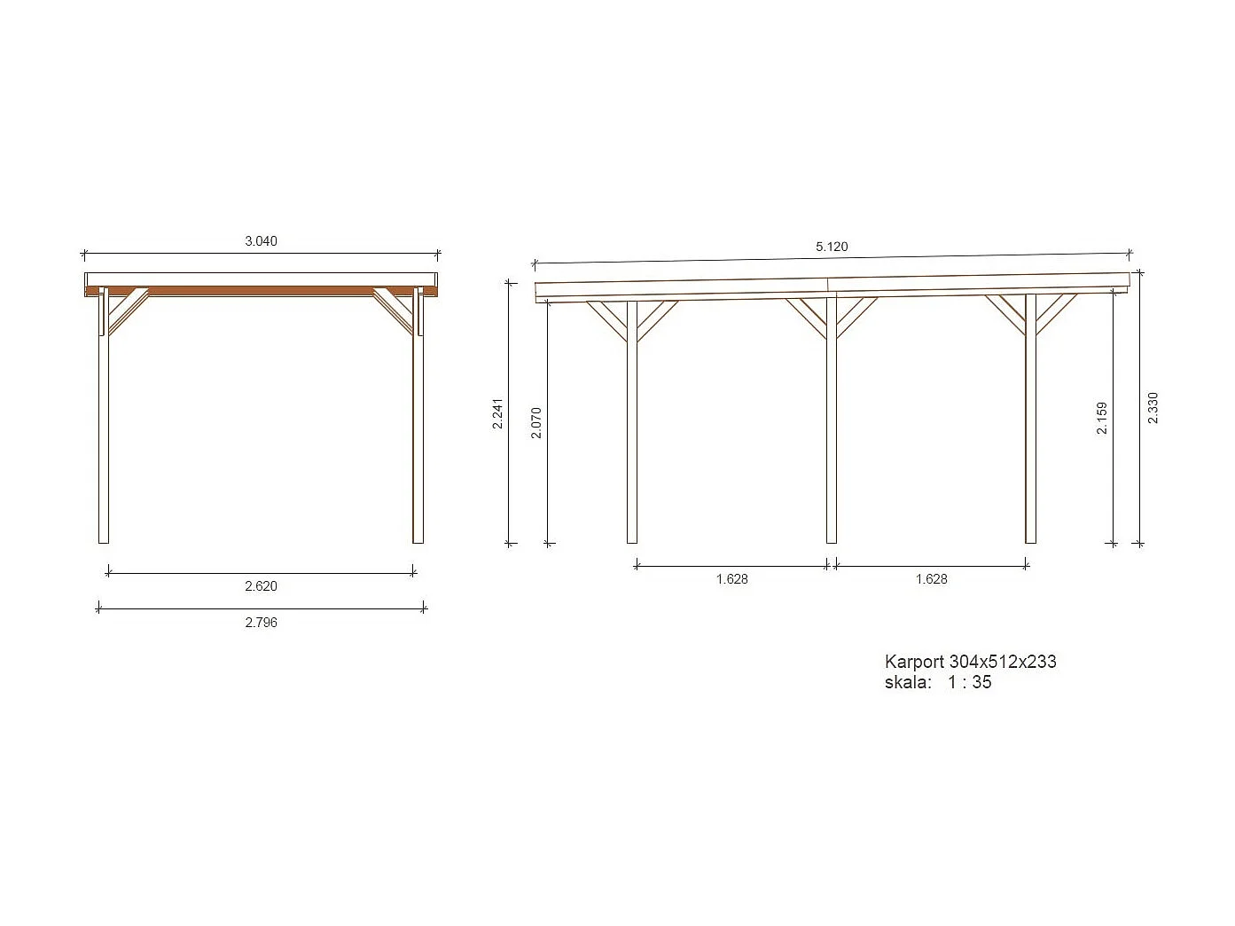 Tettoia posto auto coperto in legno 3.04x5.12 m - 15.57 m2 - copertura con lastra in acciaio  - CAR16+BLACHA1 - ALTANKA