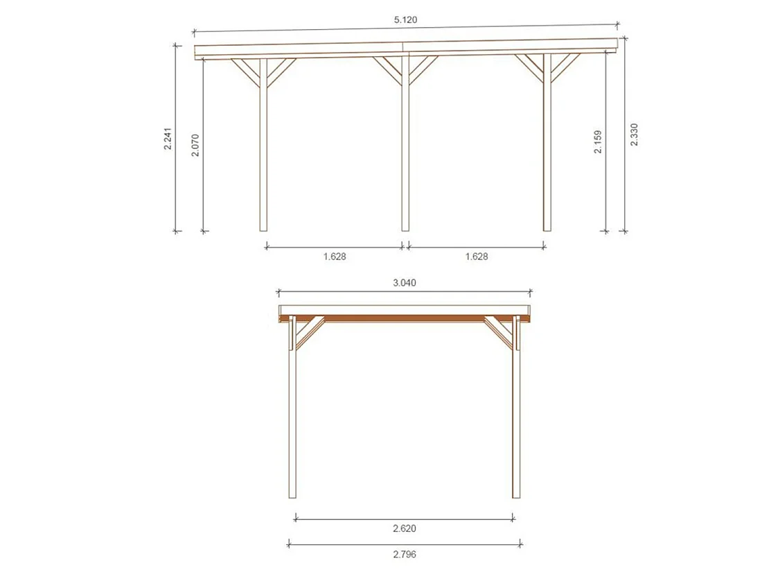 Tettoia posto auto coperto in legno 3.04x5.12 m - 15.57 m2 - copertura con lastra in acciaio  - CAR16+BLACHA1 - ALTANKA