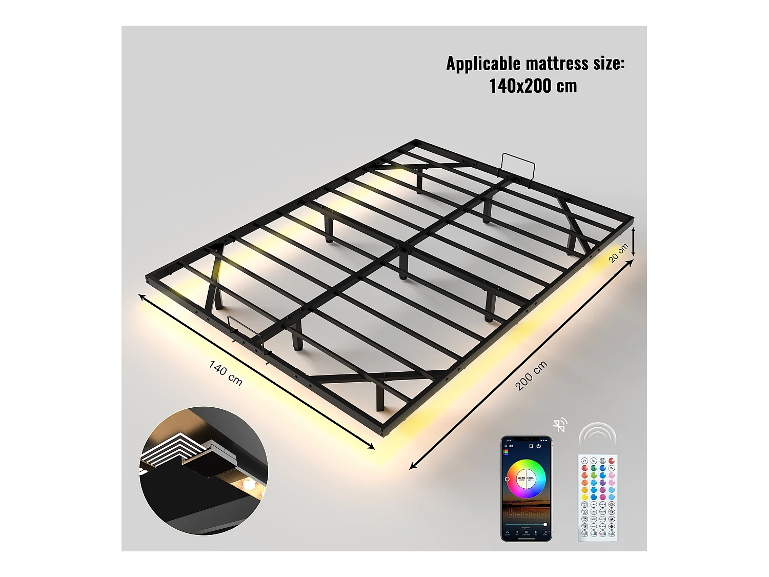 Cadre de lit LED en métal 140x200 cm, hauteur 20 cm, cadre de lit flottant, pieds dissimulés, noir