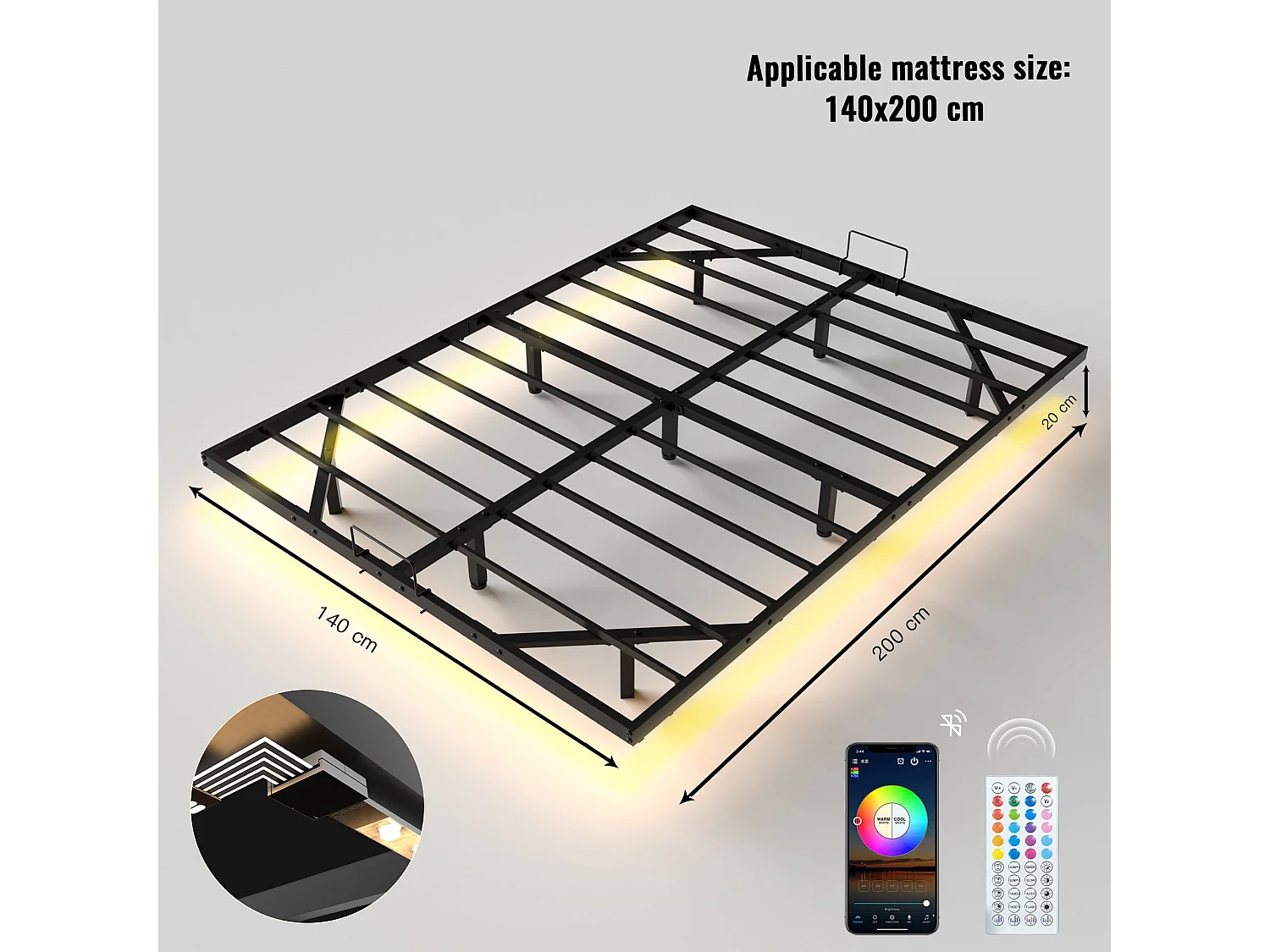 Cadre de lit LED en métal 140x200 cm, hauteur 20 cm, cadre de lit flottant, pieds dissimulés, noir