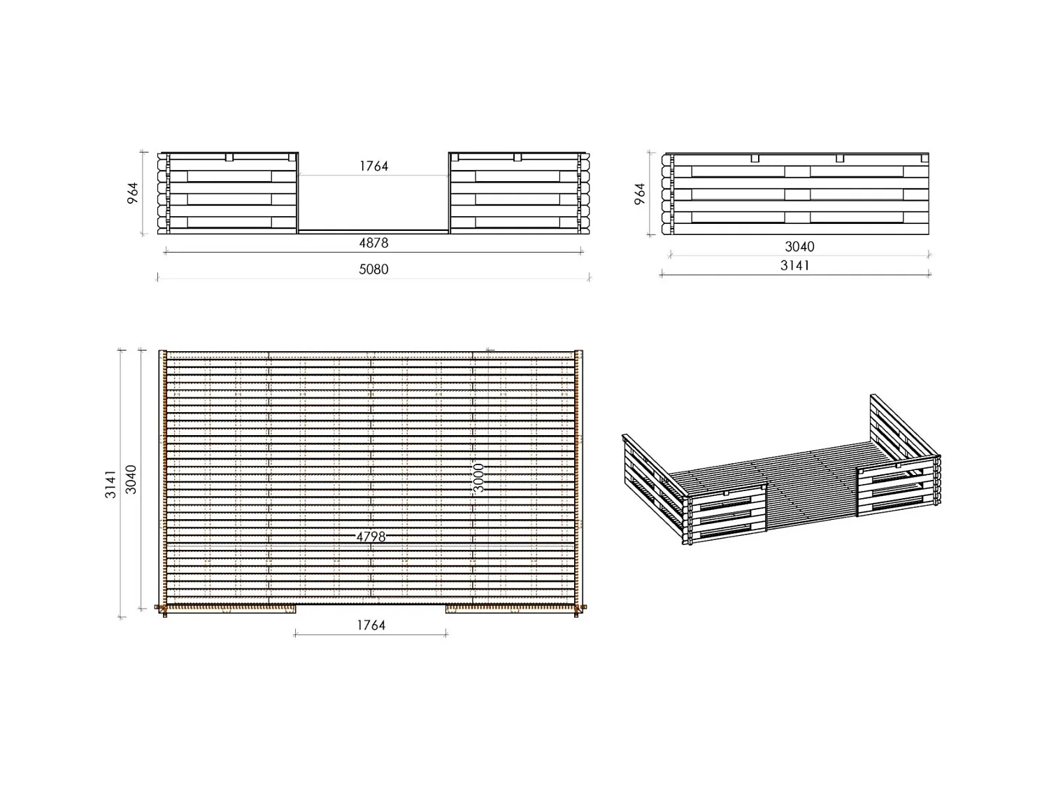 Terrasse en bois avec balustrade pour abri en bois - 15m2 - 5m x 3m - couleur: naturel - DOM616 - ALTANKA