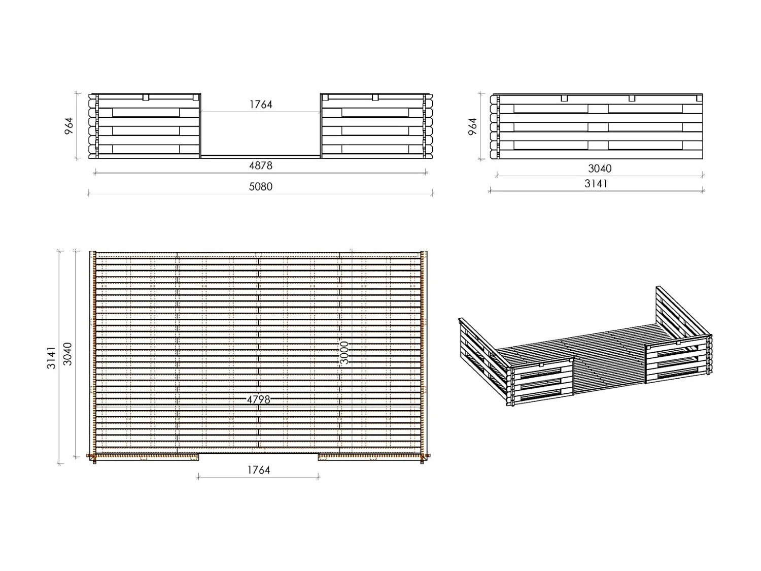 Terrasse en bois avec balustrade pour abri en bois - 15m2 - 5m x 3m - couleur: naturel - DOM616 - ALTANKA