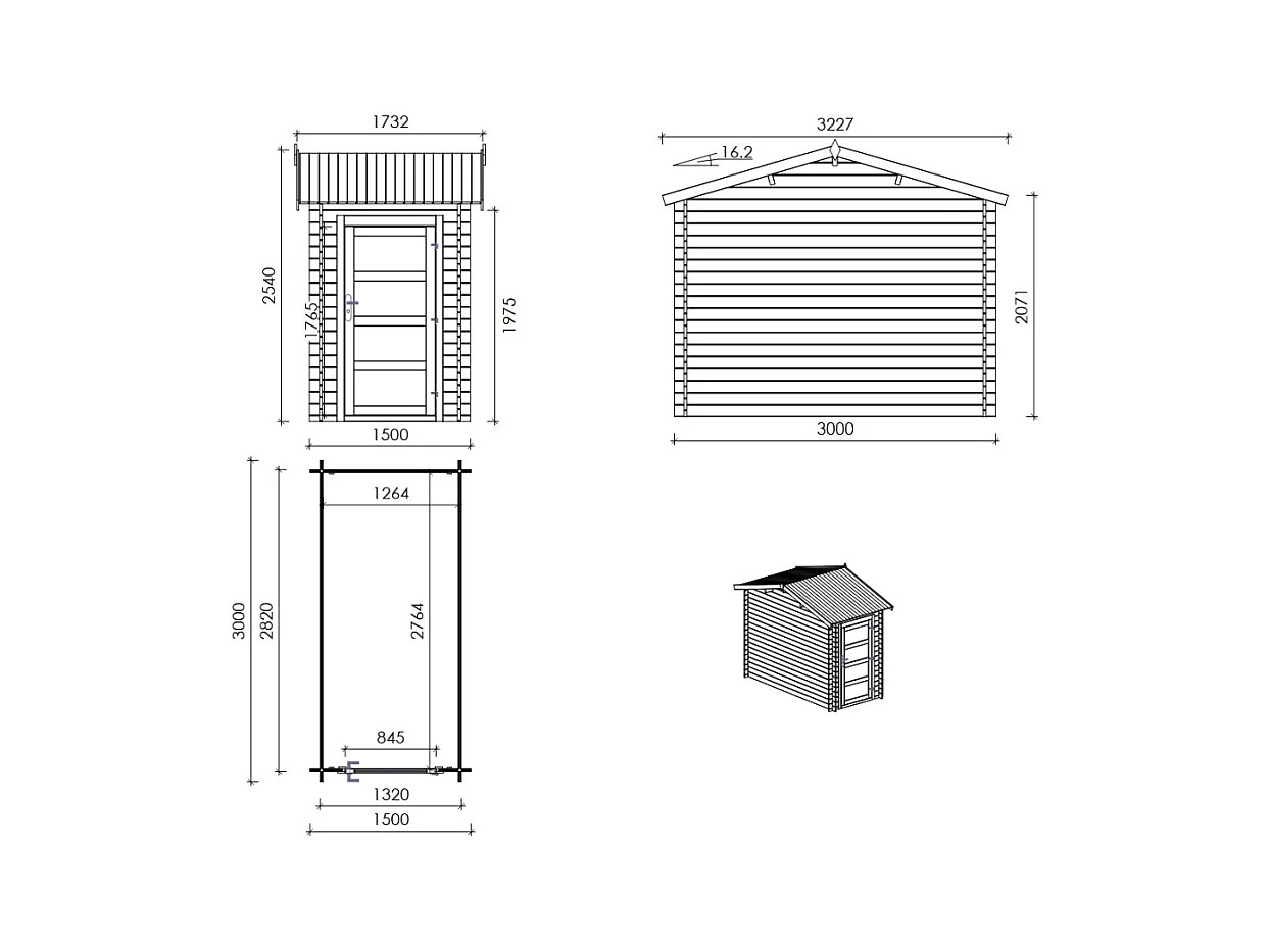 Casetta da giardino in legno – 1.50x3.00 m con estensione 1.50x2.76 m - 4.50 m² - DOM673+DOS194 - ALTANKA