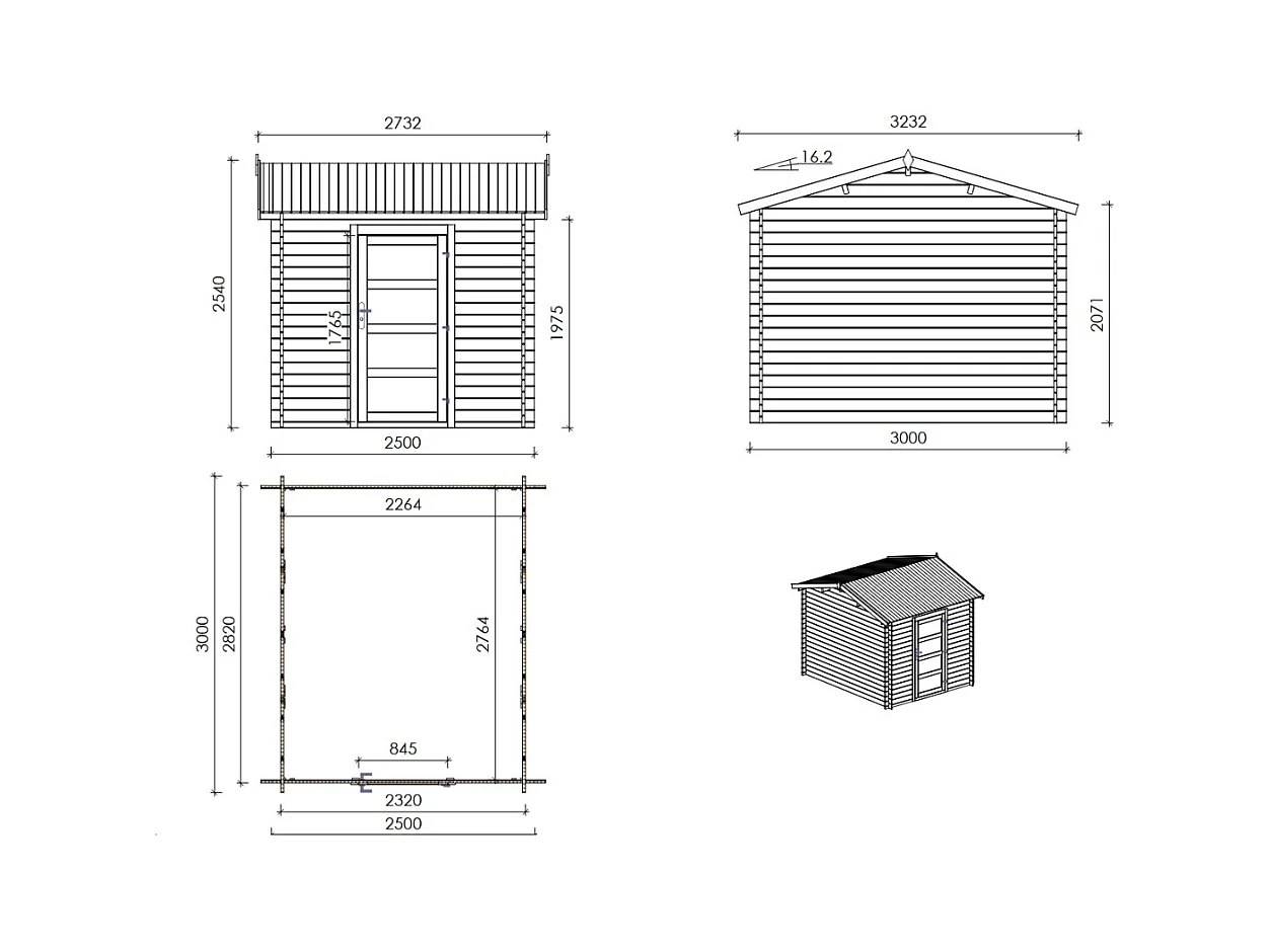 Casetta da giardino in legno – 2.50x3.00 m con estensione 2.50x2.76 m - 7.50 m² - DOM675+DOS194 - ALTANKA