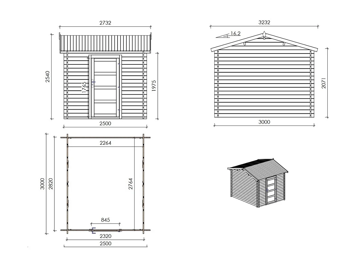 Casetta da giardino in legno – 2.5x3 m con estensione 2.5x2.76 m - 7.5 m² - DOM675+DOS194 - ALTANKA