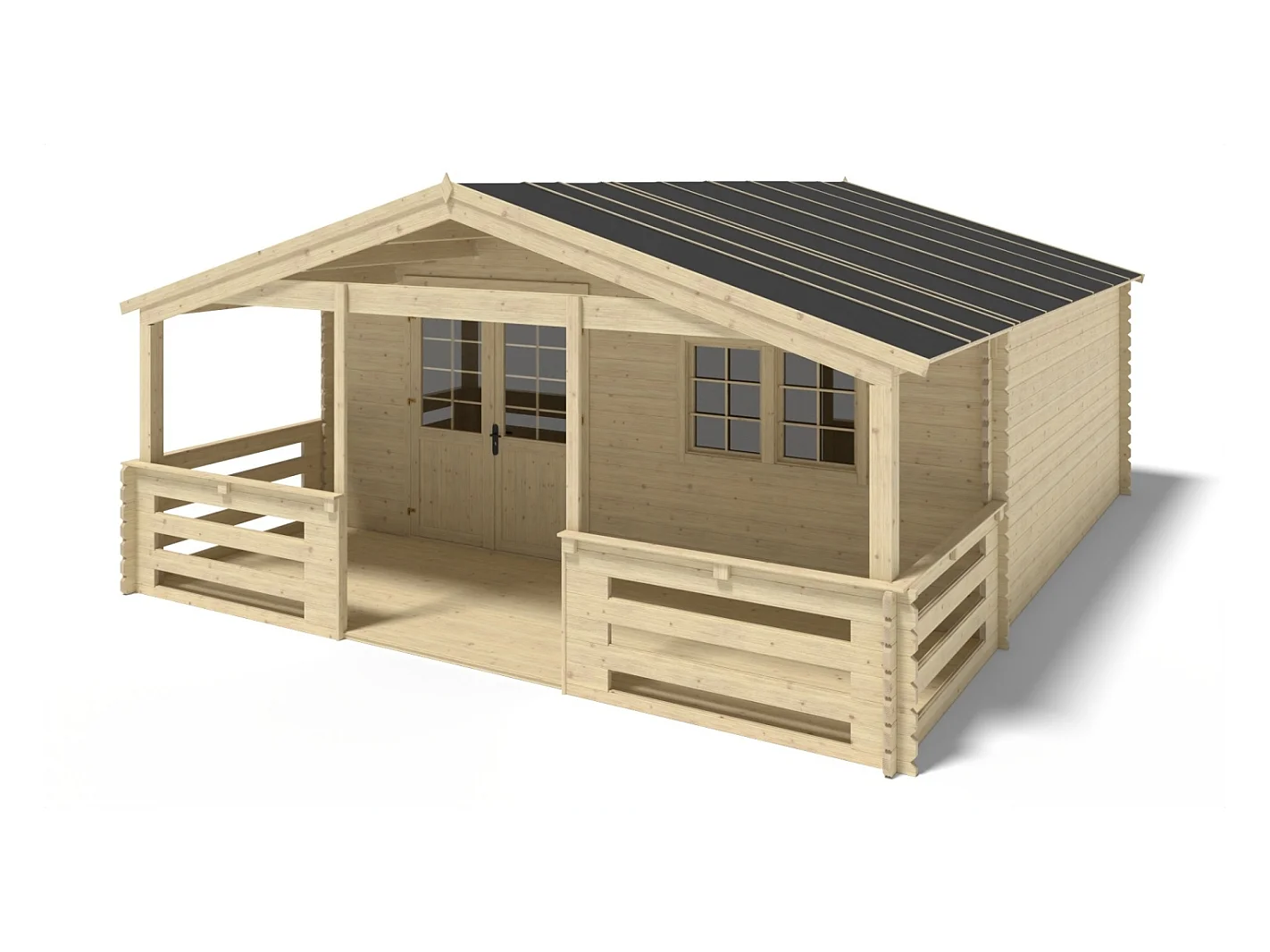 Abri de jardin en bois - 6x5 m + terrasse avec balustrade et avant-toit en bois - 42 m2 - DOM747+DOM553+DOM555+POD04 - ALTANKA