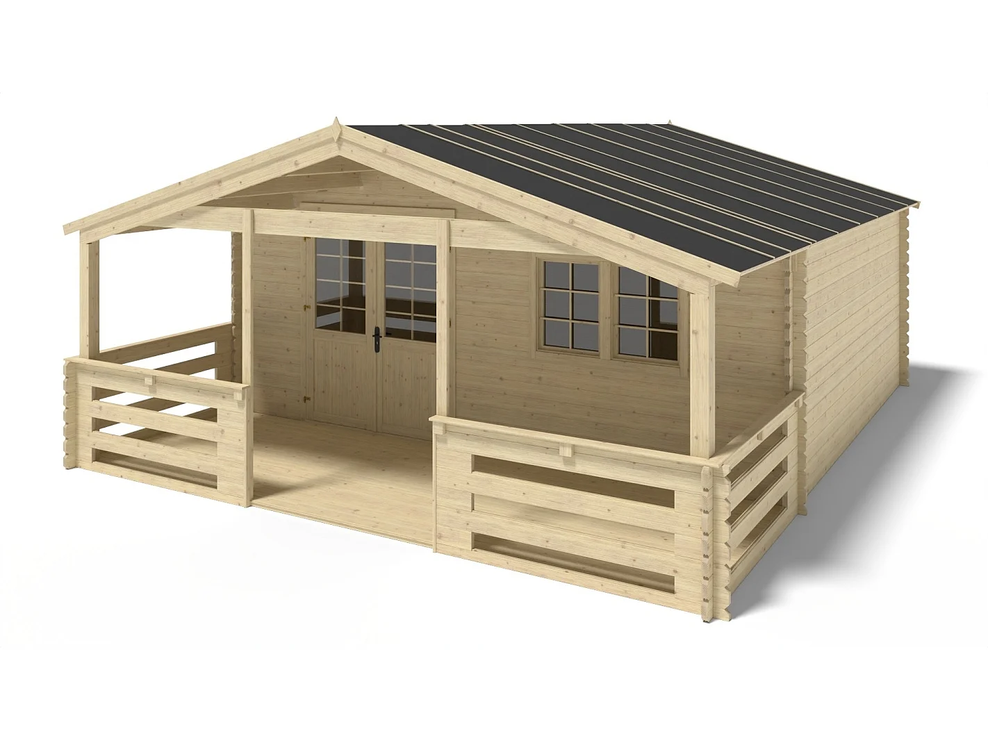 Casetta da giardino in legno con veranda e tettoia - 42m2 - 6x5m - 40mm - colore: naturale - DOM747+DOM553+DOM555+POD04 - ALTANKA