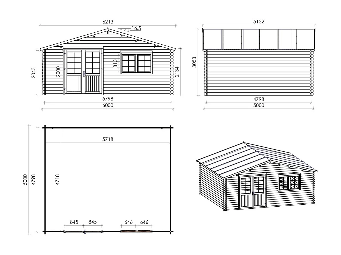 Casetta da giardino in legno con veranda e tettoia - 42m2 - 6x5m - 40mm - colore: naturale - DOM747+DOM553+DOM555+POD04 - ALTANKA